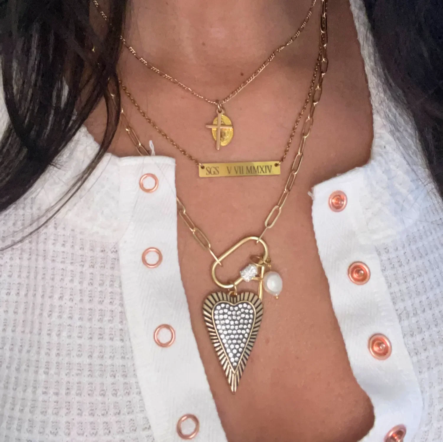 Pavé Heart Carabiner Charm Necklace displayed on white background showing gold paperclip chain, cubic zirconia heart pendant, pearl, rose, and cross charms.