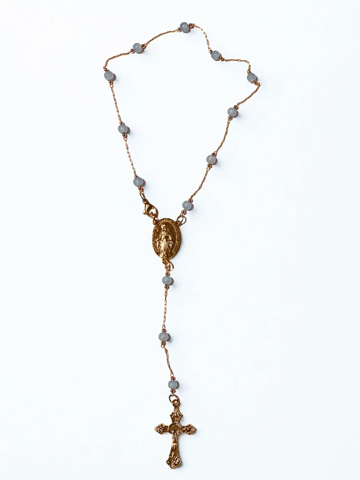 Handmade one decade pale blue rosary with gold hardware, lobster clasp