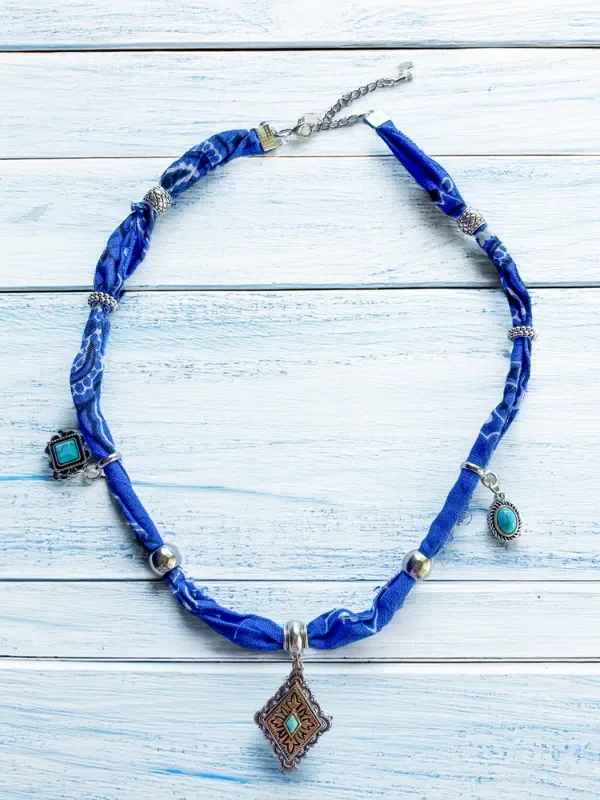 handmade blue paisley bandana charm necklace