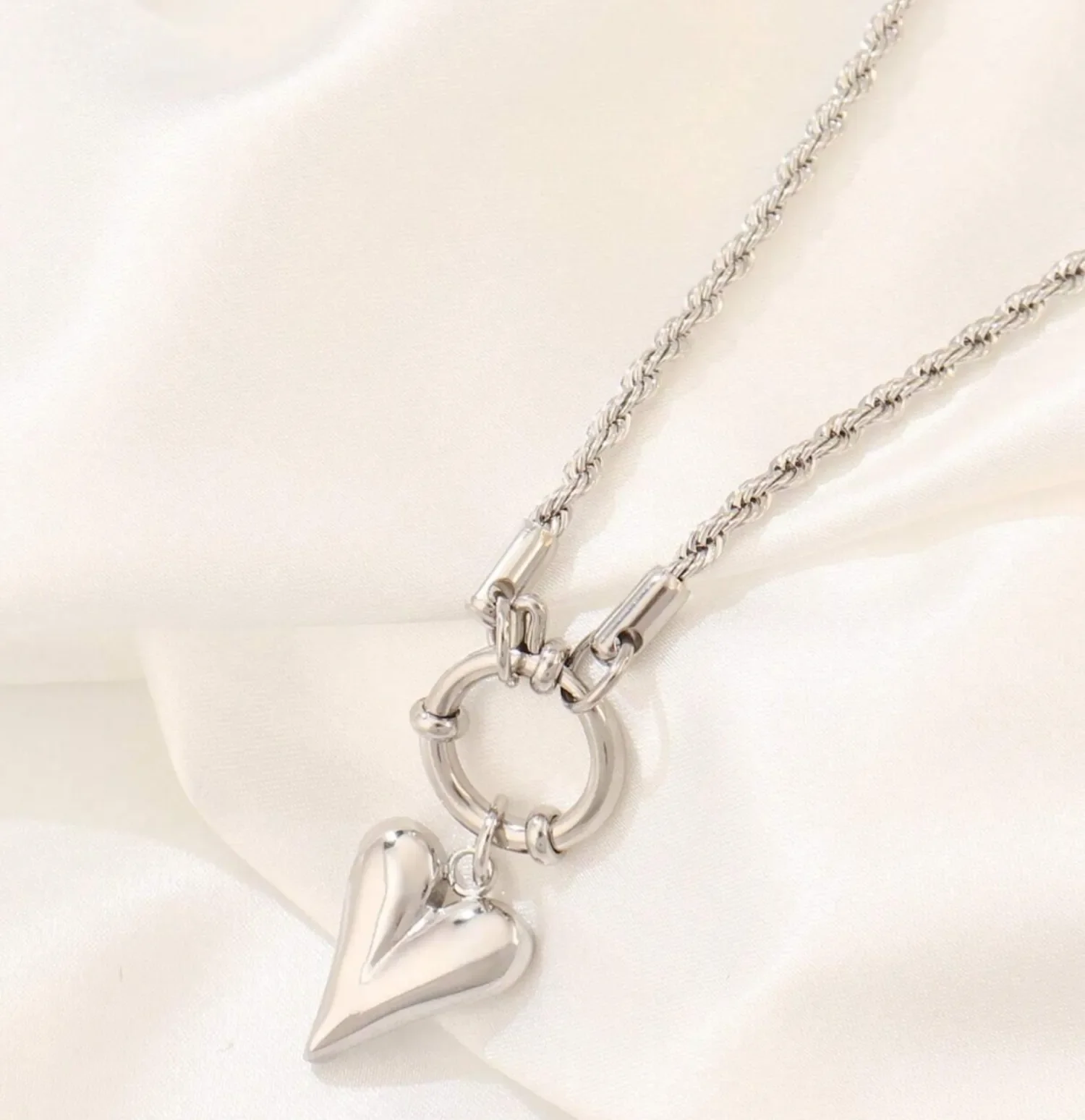 Silver Heart Pendant Necklace | Stainless Steel Rope Chain, Puffy Heart Pendant