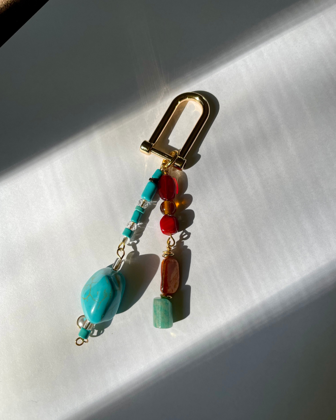 Hand-Beaded Bag Charm Keychain, Turquoise & Autumn Gemstone Mix, Gold Lock Clasp, One of a Kind