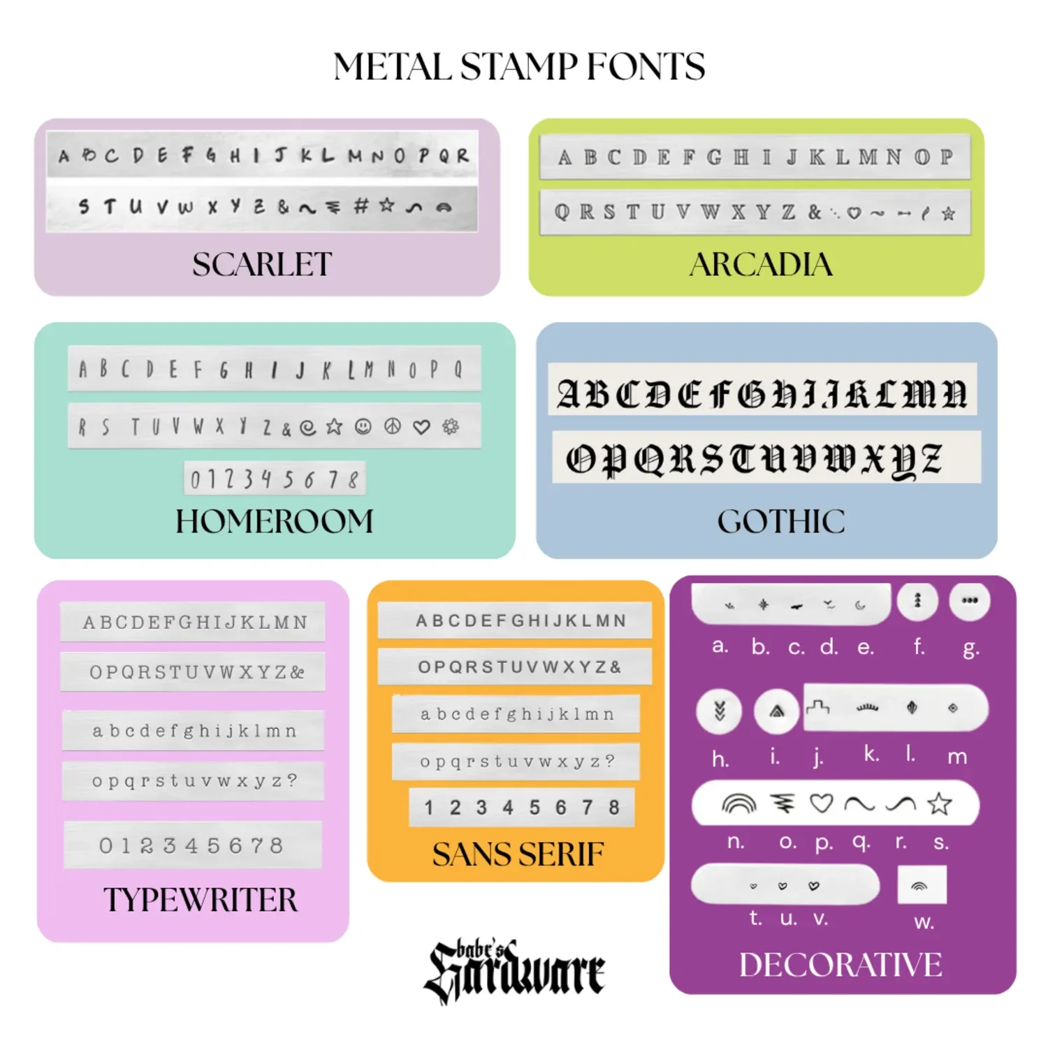 Metal stamp alphabets and graphics