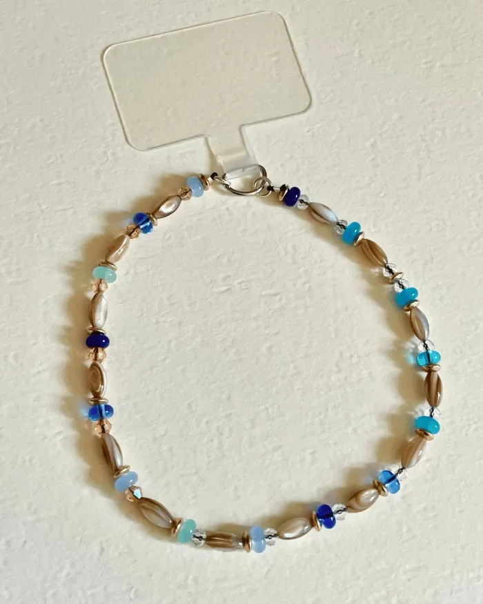 Coastal Blue Hand-Beaded Phone Charm Wristlet Strap