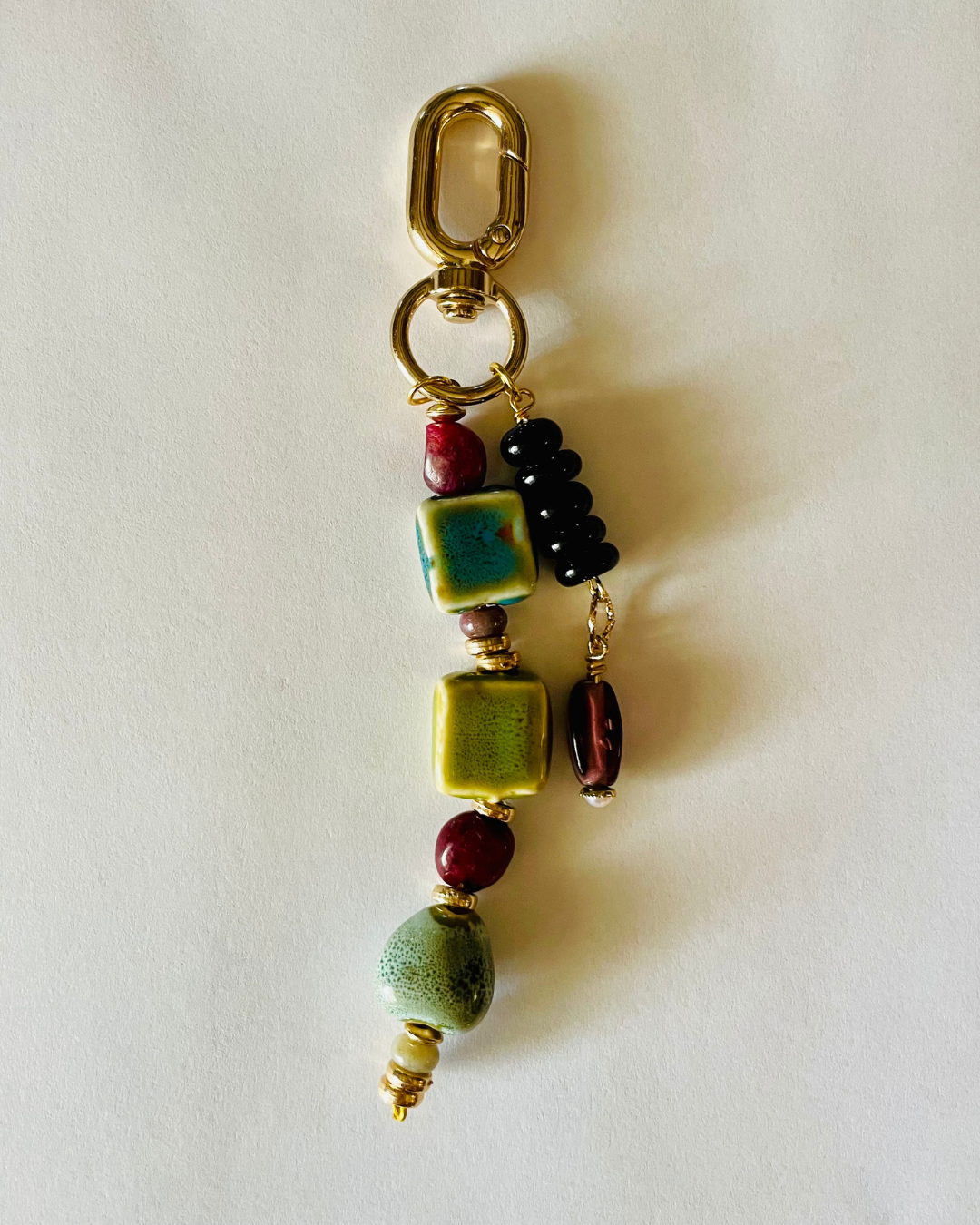 Hand-Beaded Bag Charm Keychain, Ceramic Earth-Tone Beads, Gold Carabiner Clip, Deep Autumn