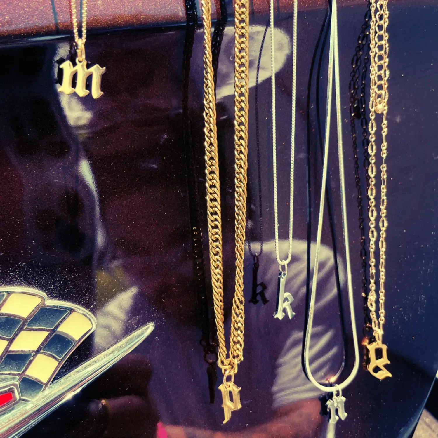 14k gold plated gothic initial pendant necklace with blackletter lettering