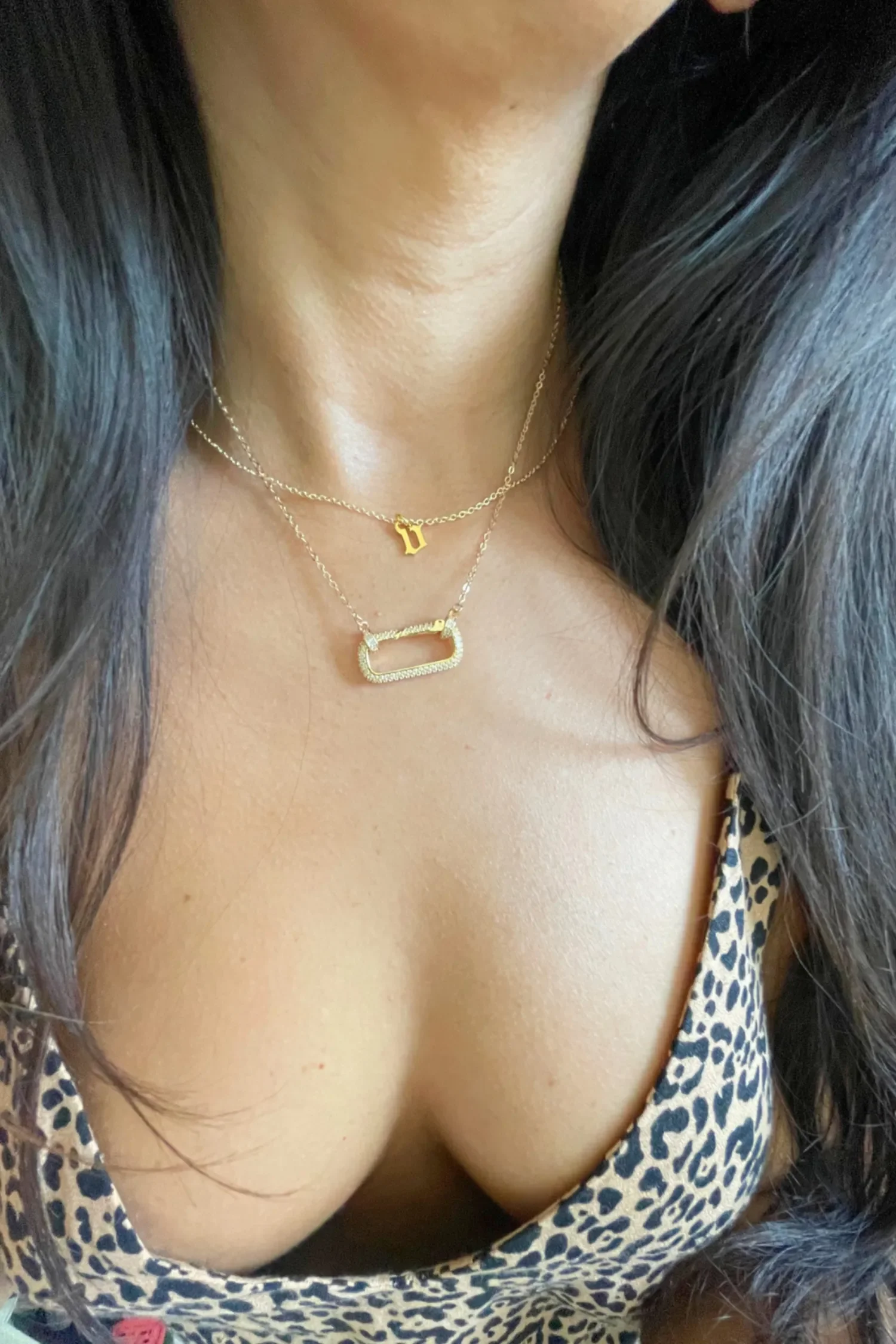 Gold Pave Carabiner Necklace and gold gothic initial necklace