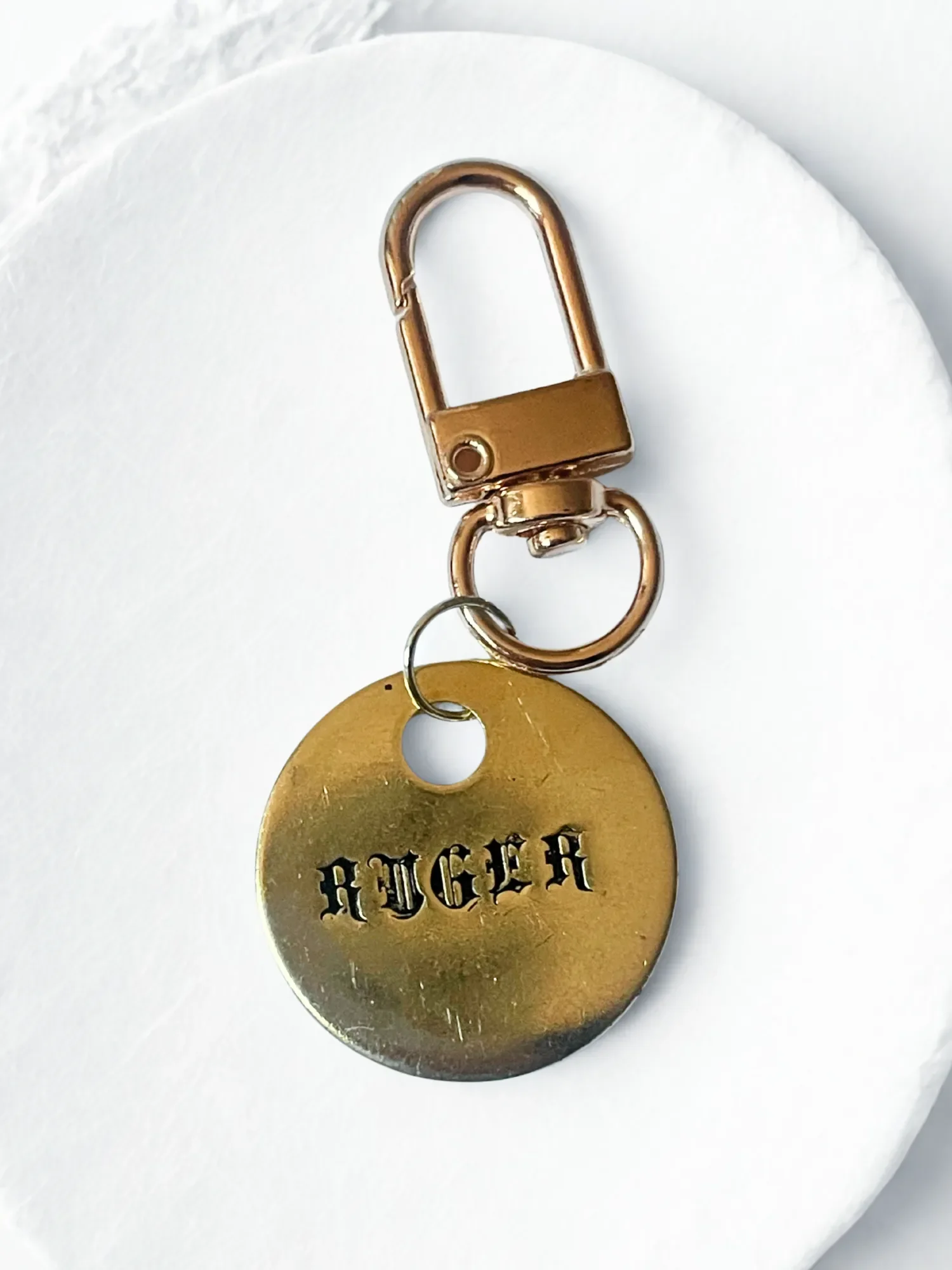 Brass Gothic Metal Stamped Pet ID Tag with Clip-on carabiner