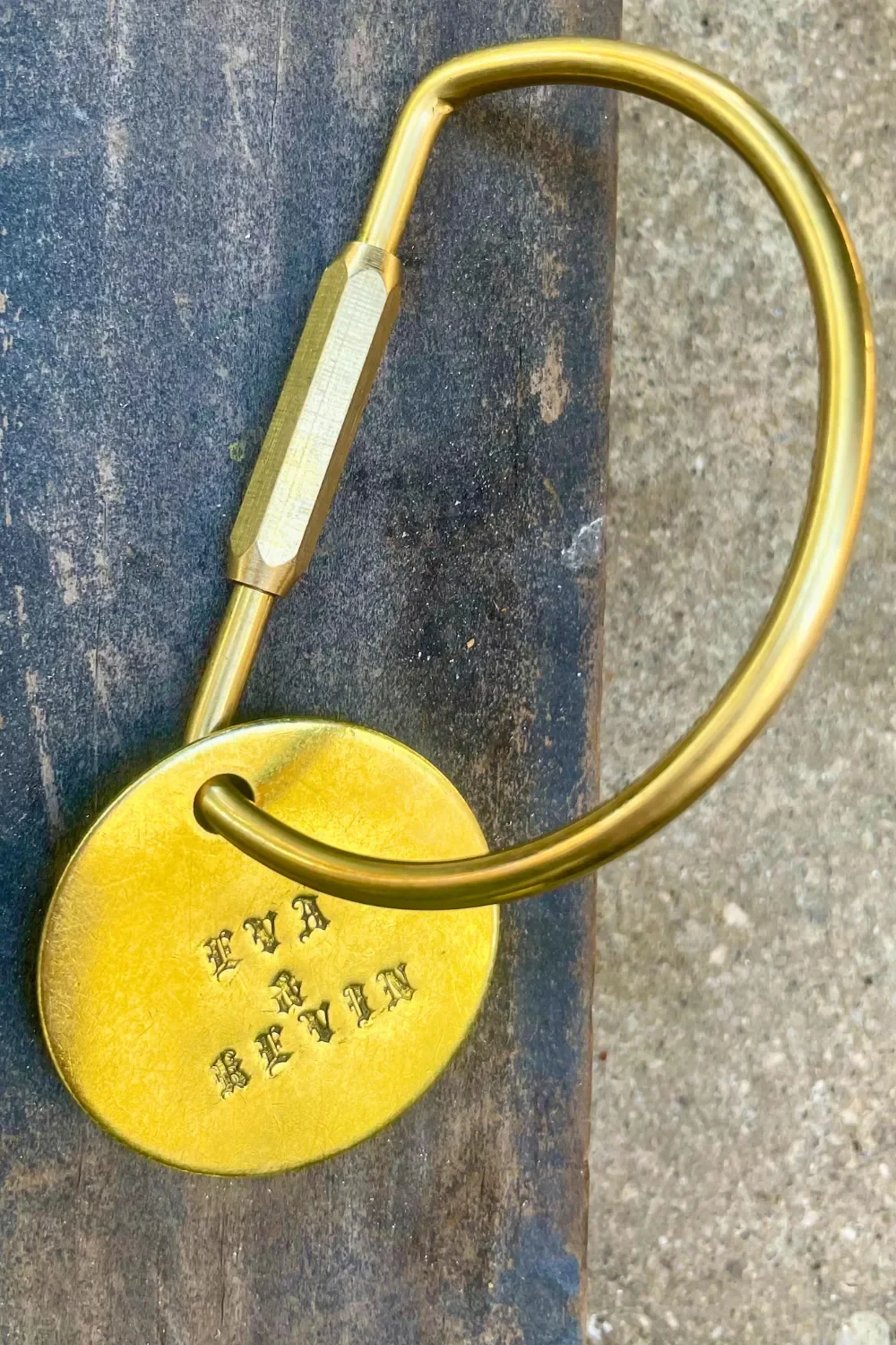 Brass D shape ring carabiner with custom brass name tag