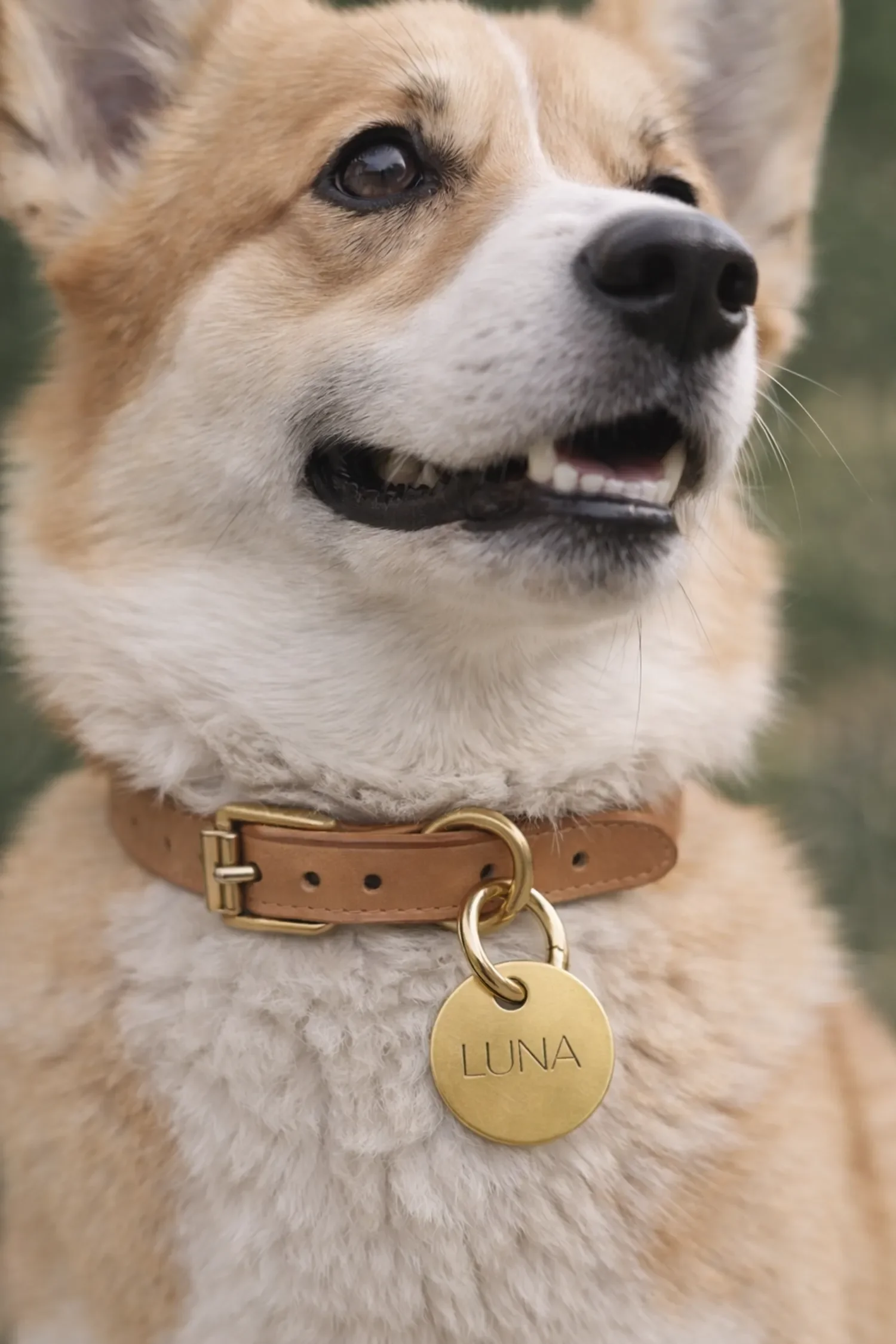 Border Collie wearing Engraved Brass Dog Tag