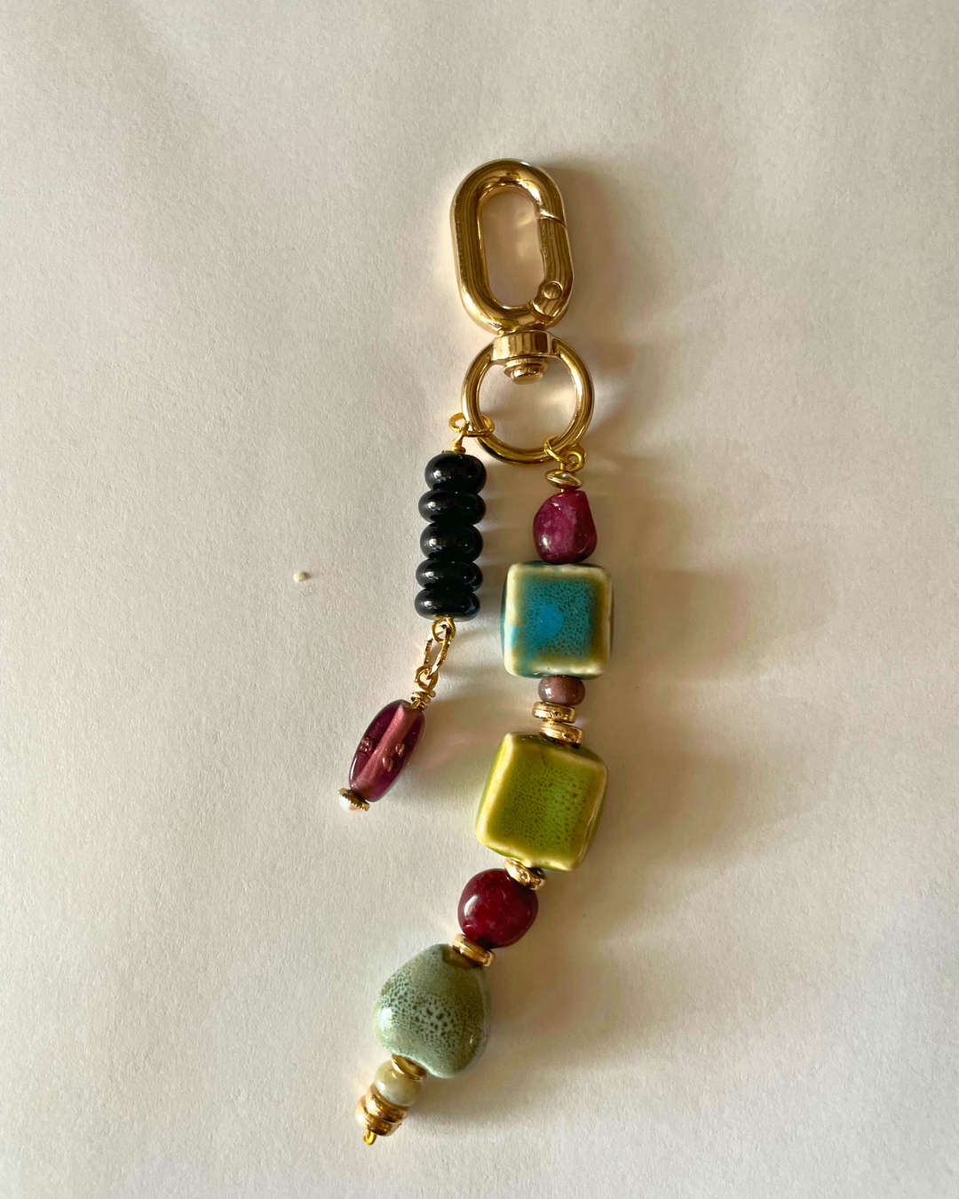 Hand-Beaded Bag Charm Keychain, Ceramic Earth-Tone Beads, Gold Carabiner Clip, Deep Autumn
