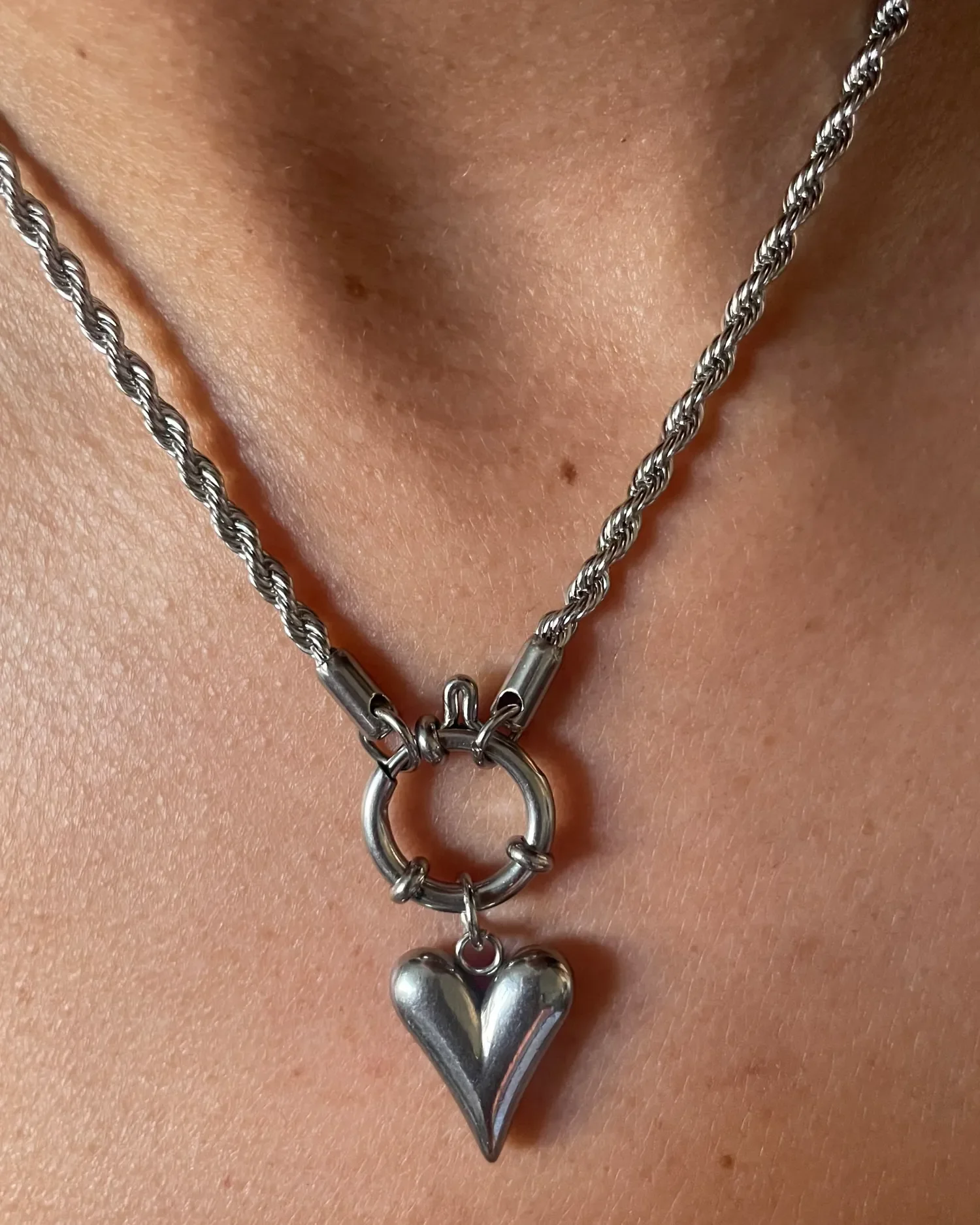 Silver Heart Pendant Necklace | Stainless Steel Rope Chain, Puffy Heart Pendant