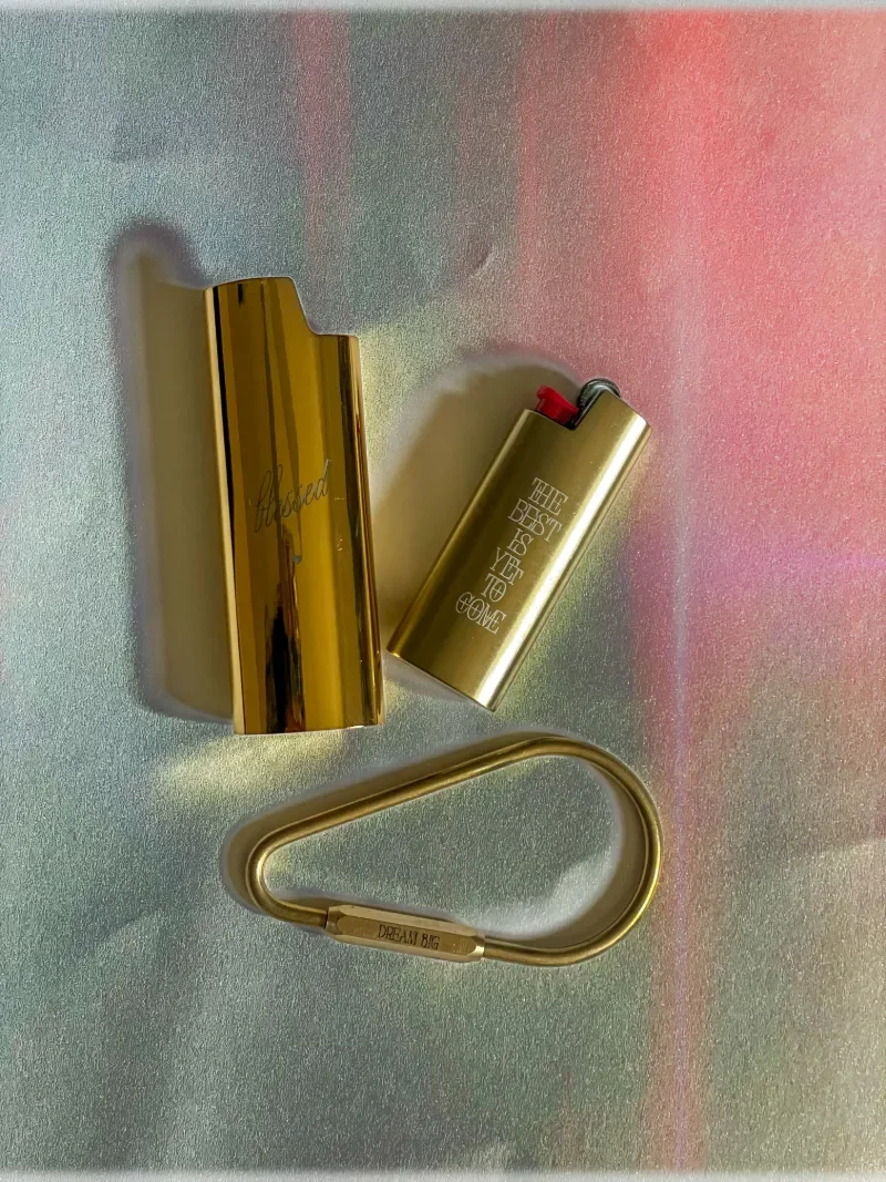 personalized everyday carry accessories, brass carabiner keyring, engraved gold lighter case, brushed gold mini lighter case