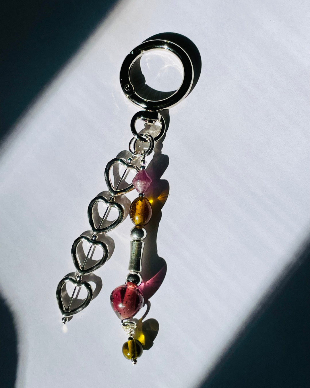 Hand-Beaded Bag Charm Keychain, Silver Heart Outline & Glass Jelly Beads, Round Carabiner Clip