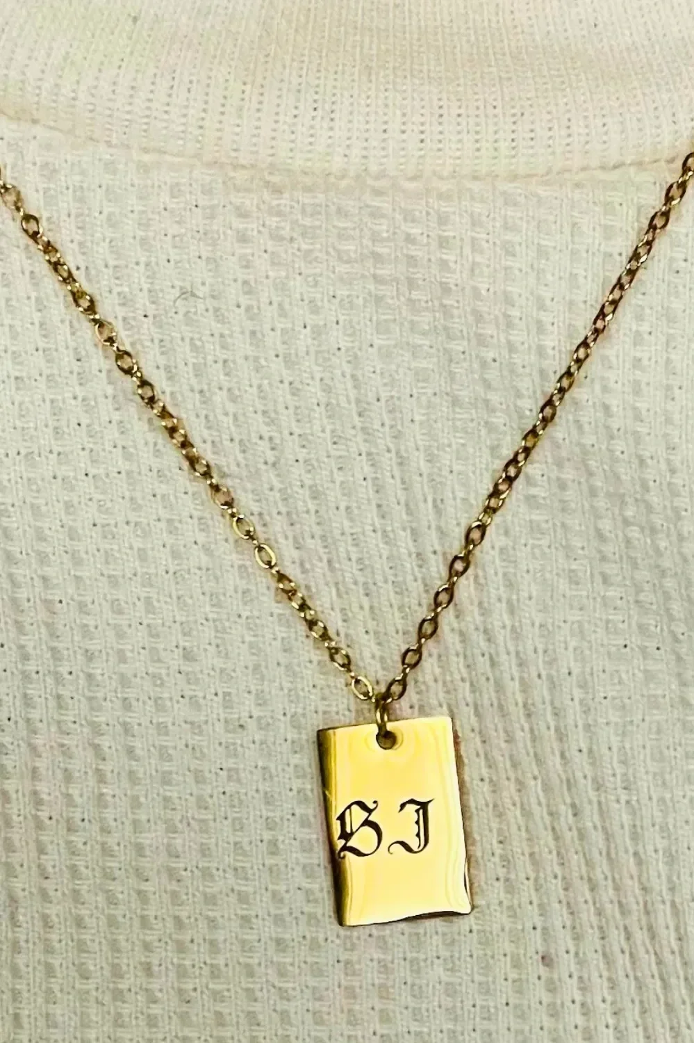 engraved gothic initials mini gold rectangle tag necklace