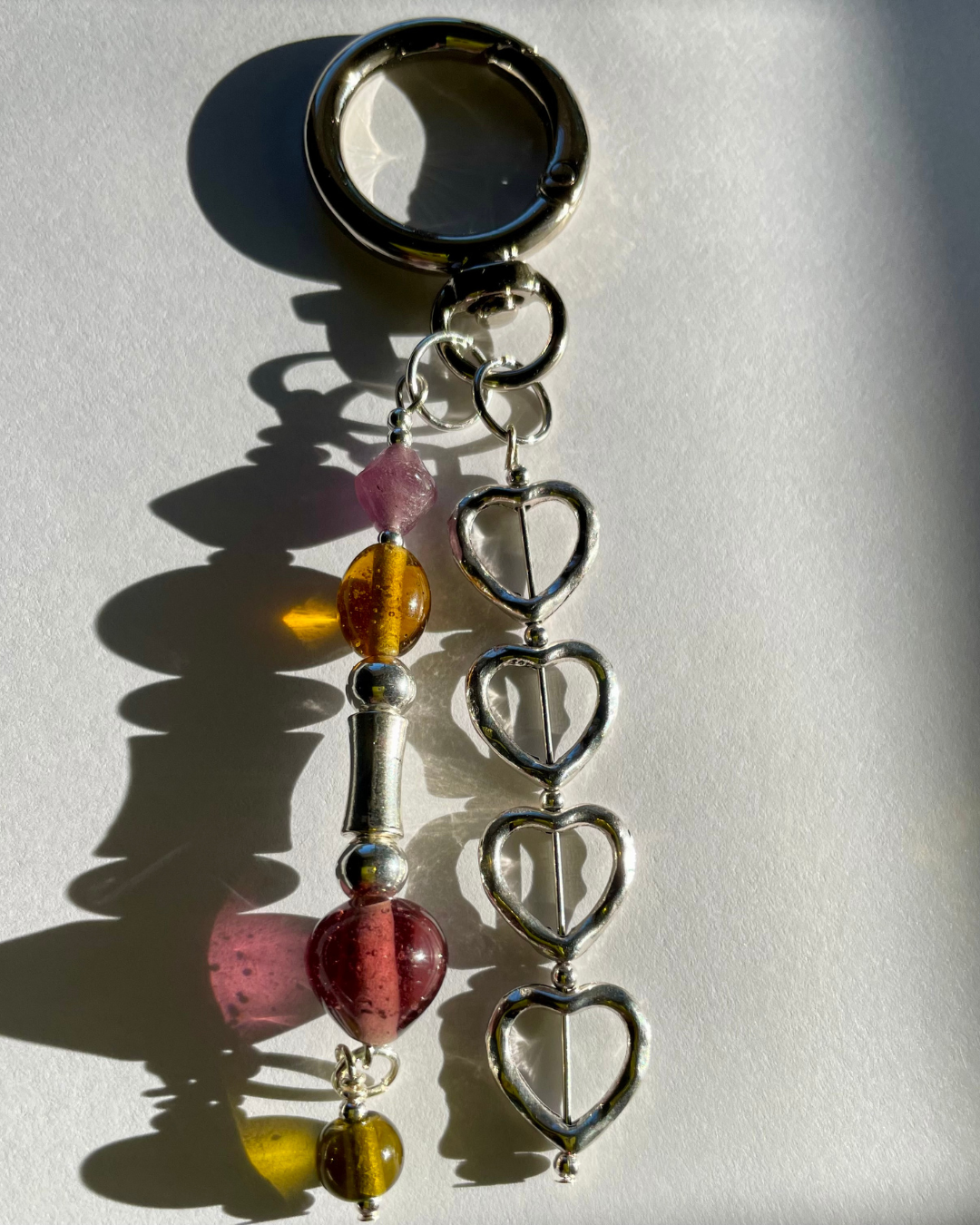 Hand-Beaded Bag Charm Keychain, Silver Heart Outline & Glass Jelly Beads, Round Carabiner Clip