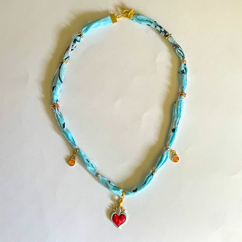 Handmade Baby Blue Bandana Necklace with Red Sacred Heart Pendant – 16" Boho Charm Jewelry