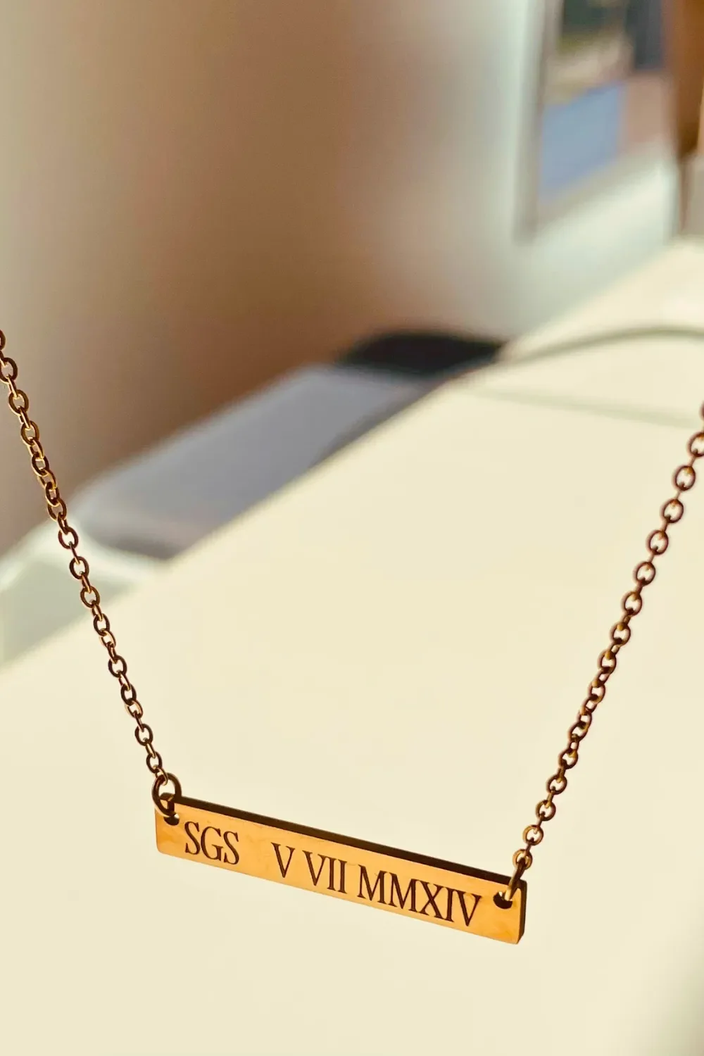 Engraved Gold Rectangle Bar Necklace