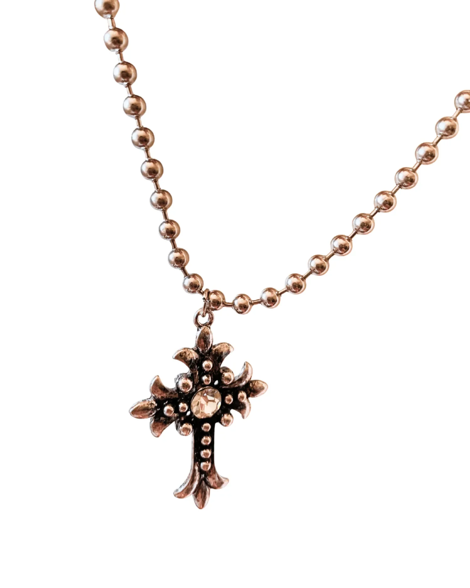 Antique silver Gothic cross necklace with crystal detail displayed on white background, stainless steel 16-inch chain.