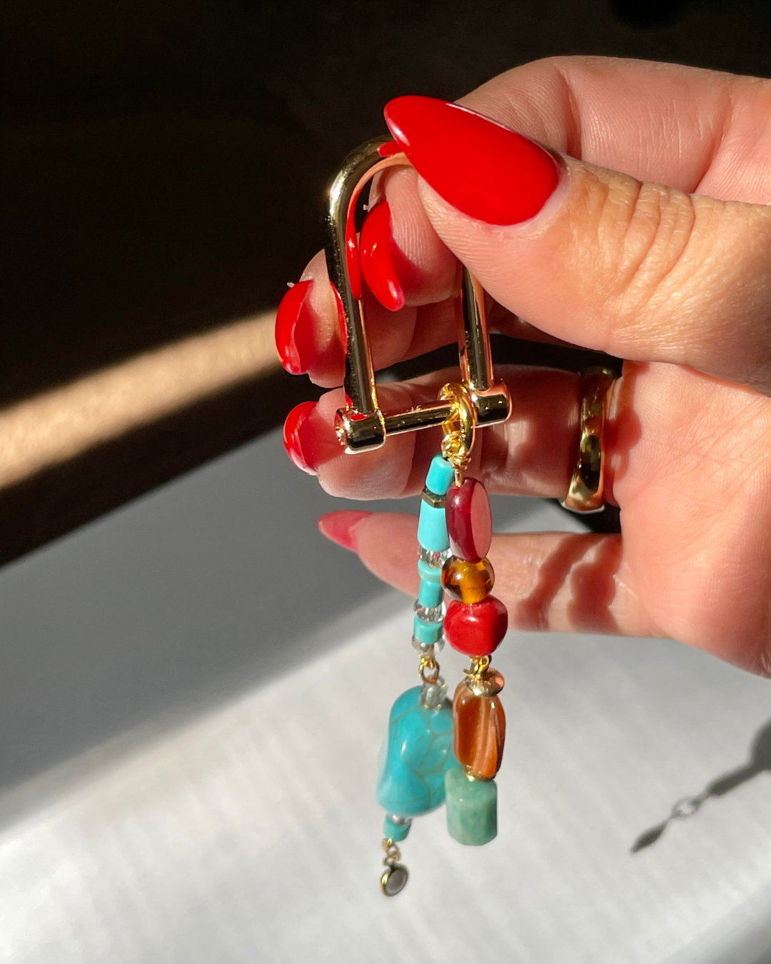 Hand-Beaded Bag Charm Keychain, Turquoise & Autumn Gemstone Mix, Gold Lock Clasp, One of a Kind