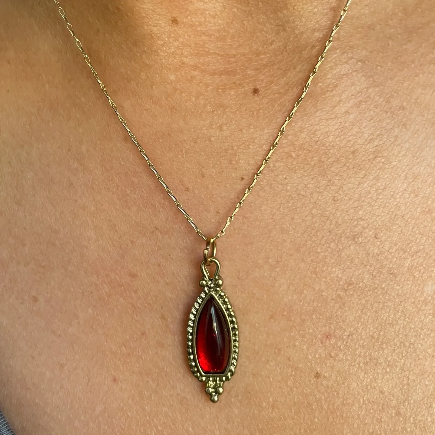 Garnet Drop Necklace | 14k Gold Plated Dog-Bone Chain