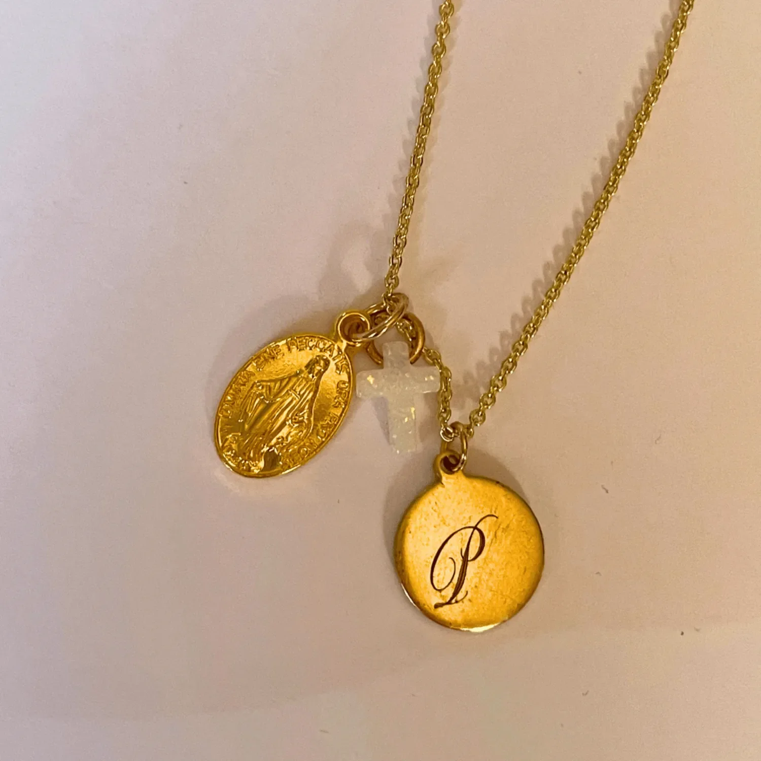 Blessed Be Charm Necklace - 14k Gold Plated Necklace - mini opal cross charm - Miraculous Medal Gold Charm - Personalized engraved mini gold tag by Babe's Hardware