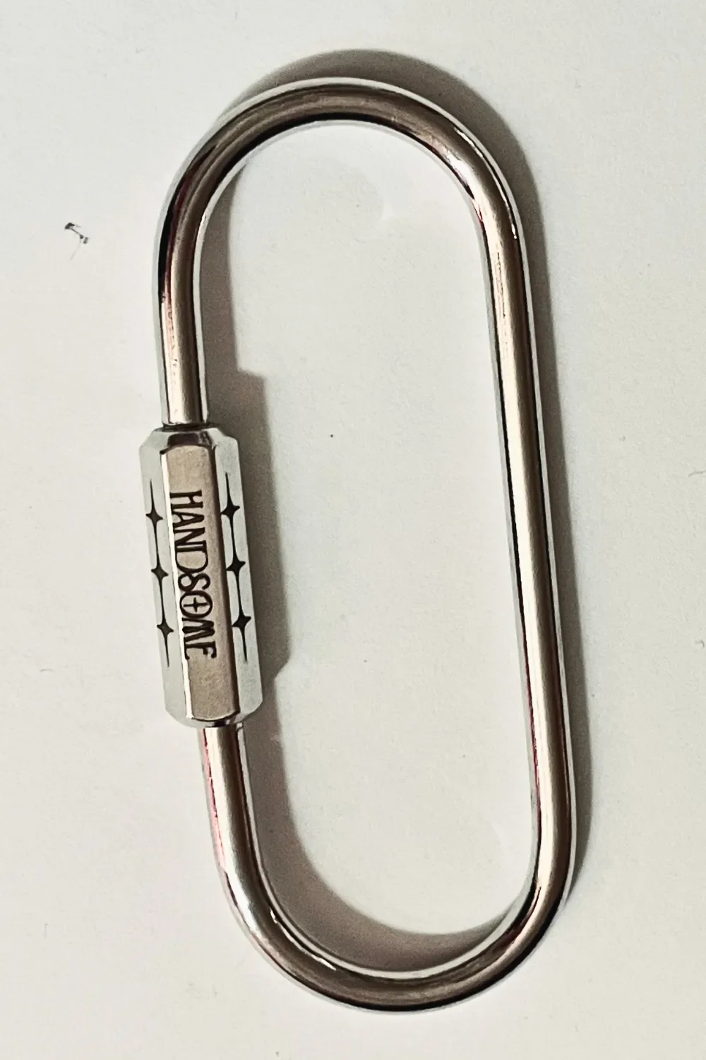 Close-up of silver locking carabiner keychain