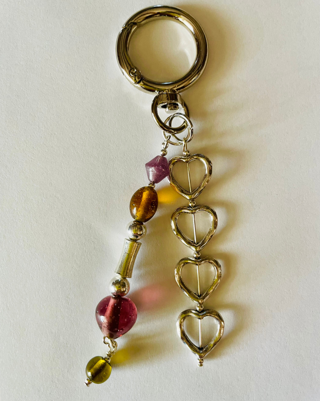 Hand-Beaded Bag Charm Keychain, Silver Heart Outline & Glass Jelly Beads, Round Carabiner Clip