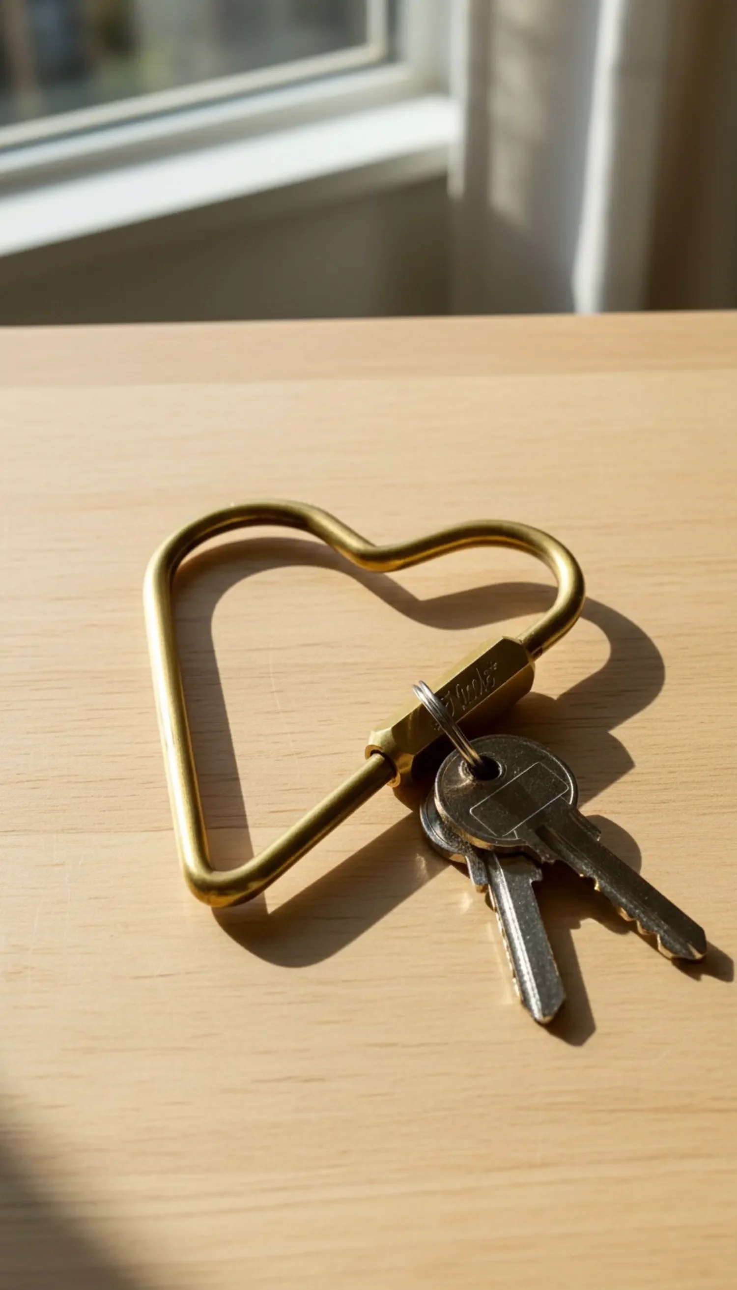 close up of brass heart shape locking carabiner keychain