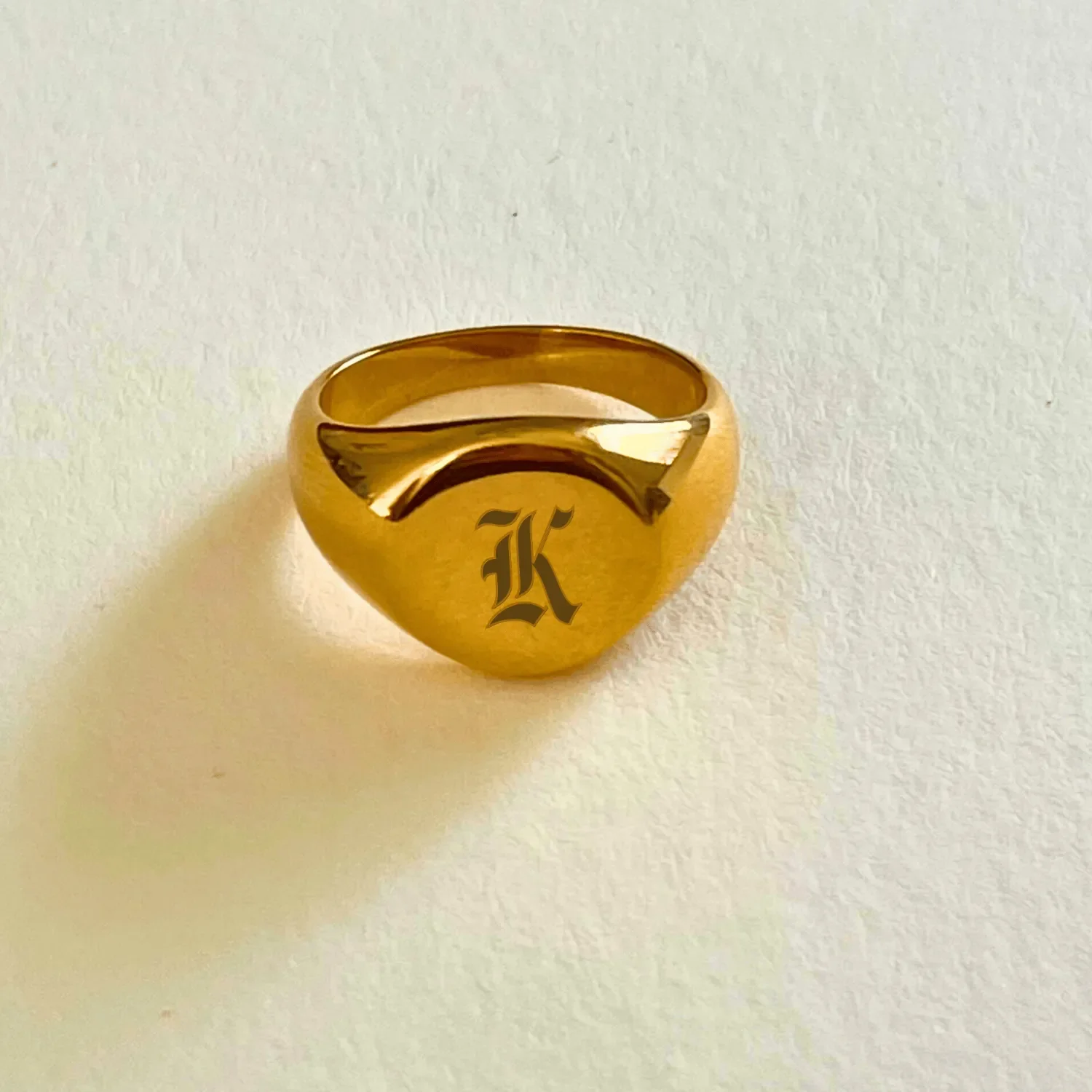 Gothic Initial Round Gold Signet Ring by Babe's Hardware
