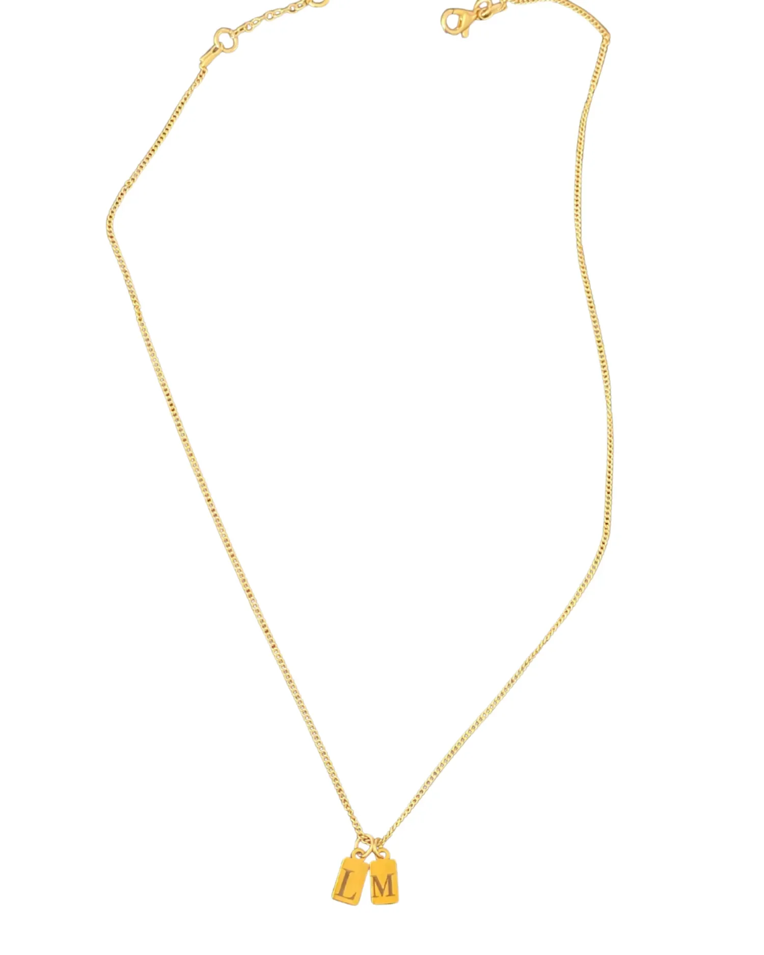 Custom initial tag necklace with multiple mini gold rectangle charms