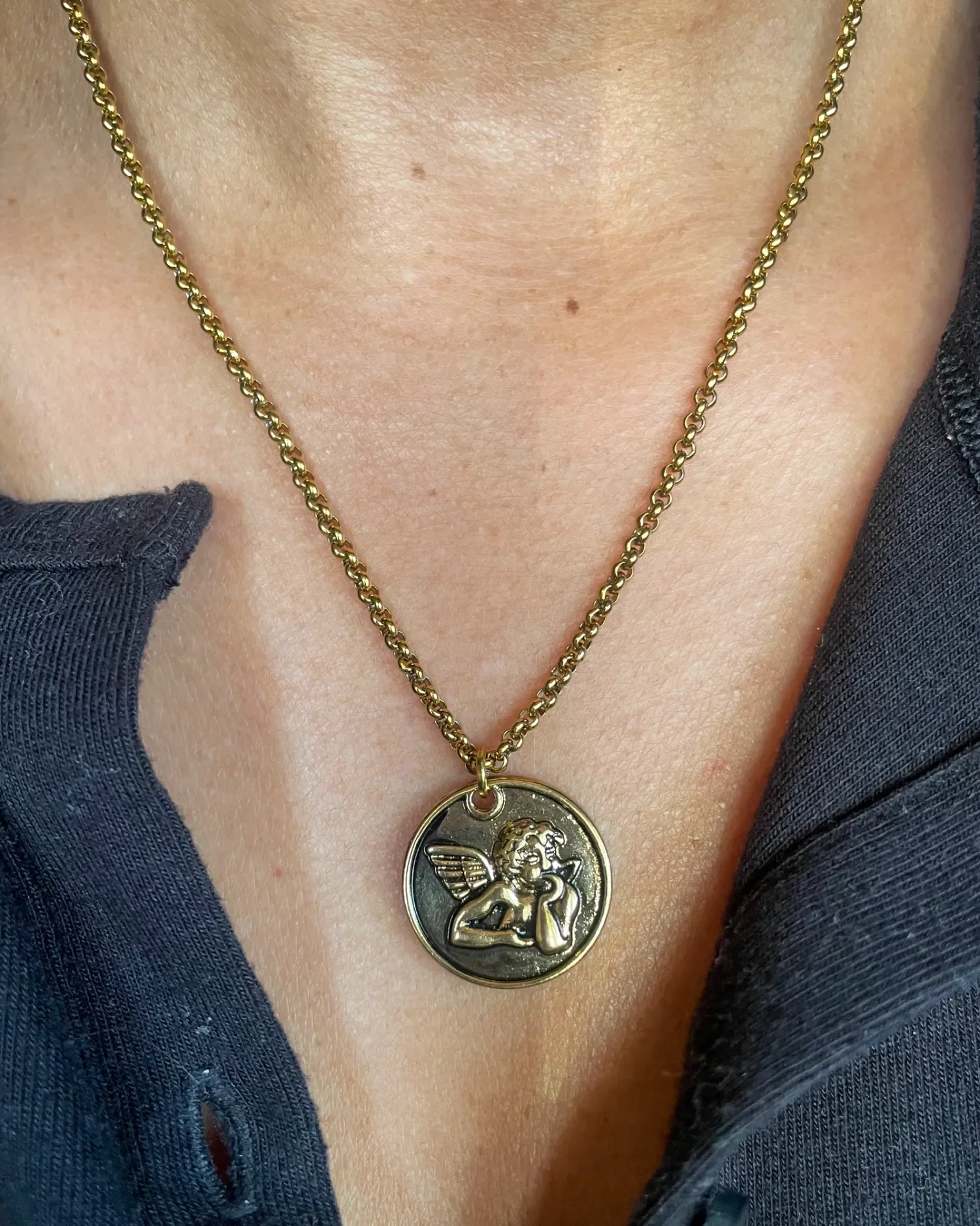 Gold Cherub Pendant Necklace | 14k Gold Plated Angel Medallion