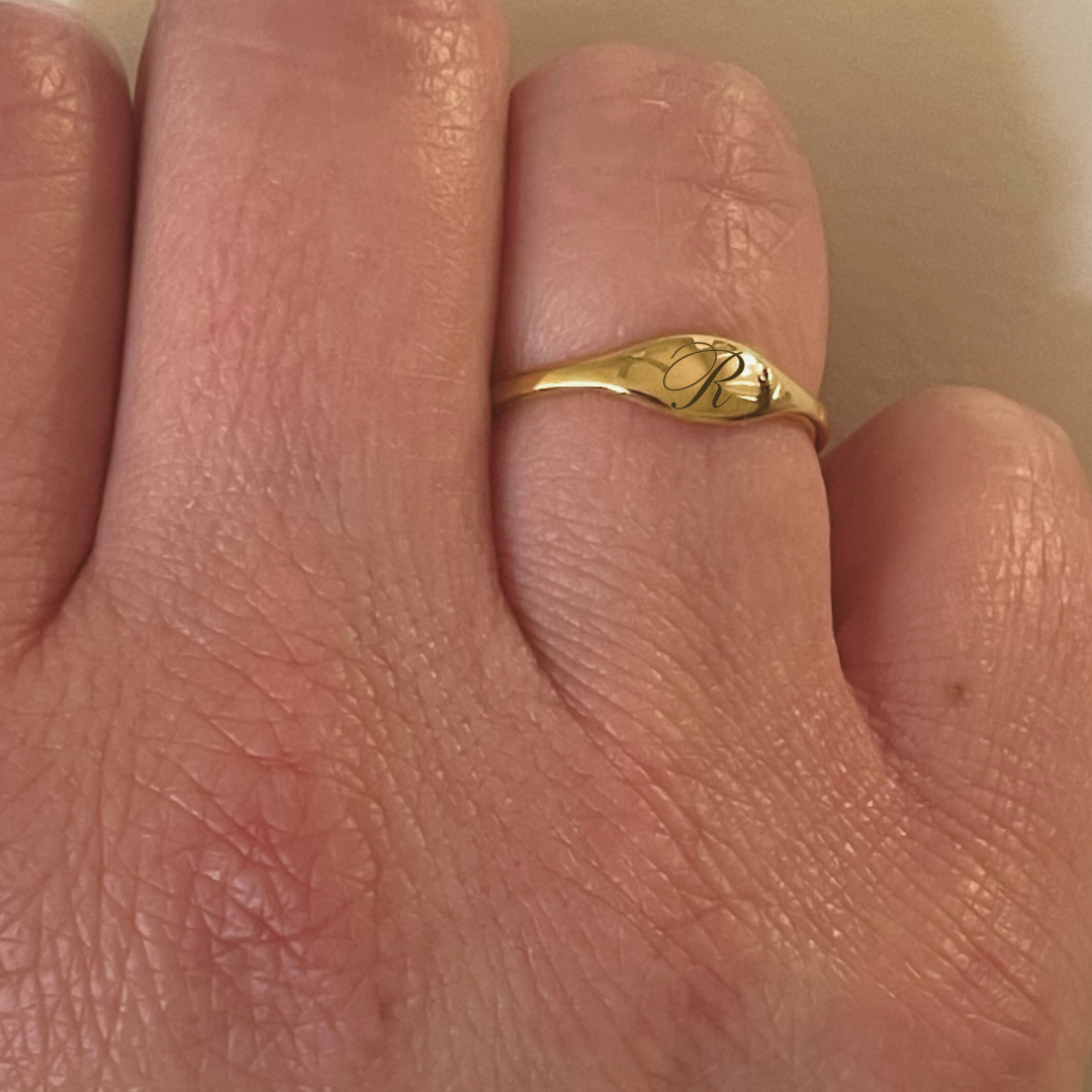 Custom Script Initial Signet Ring 14k Gold Plated Dainty Oval