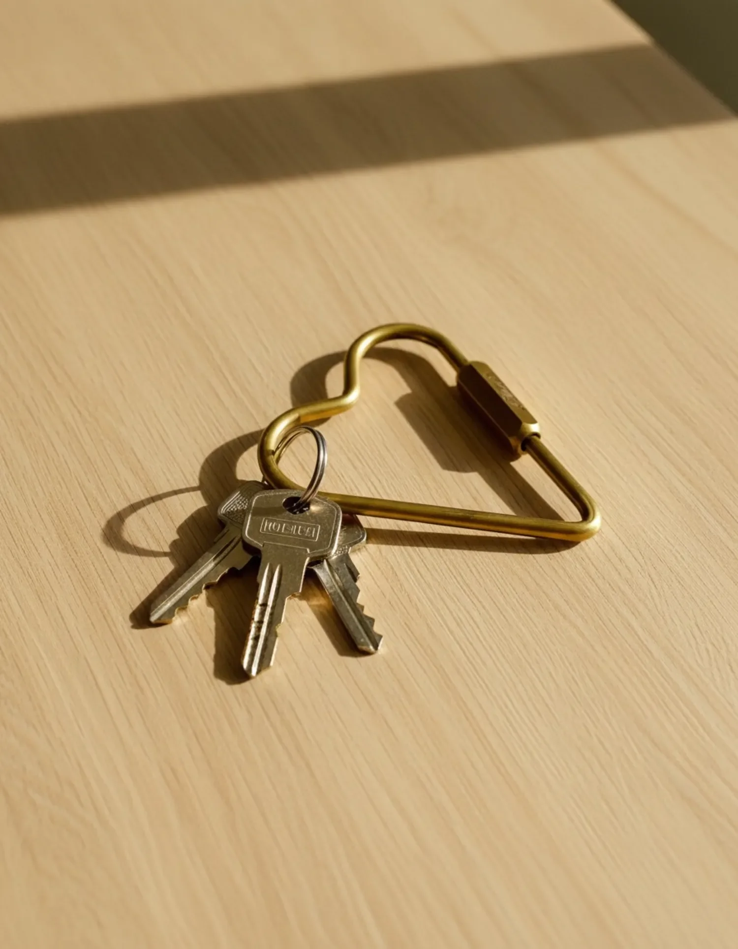 brass heart shape locking carabiner keychain on desk