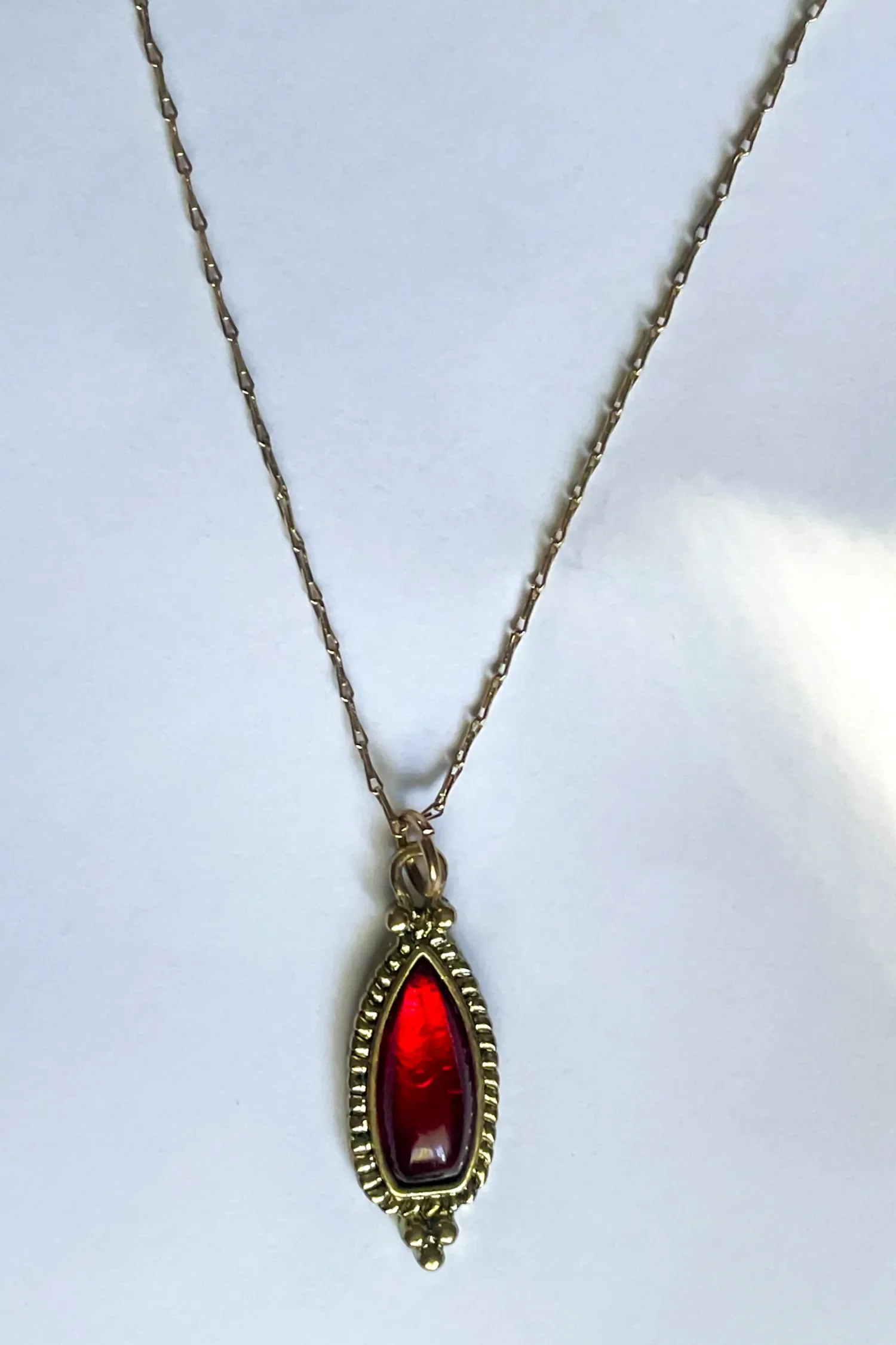 A delicate balance of vintage charm and understated elegance — featuring a deep red garnet drop pendant suspended from a fine gold-plated dog-bone chain.