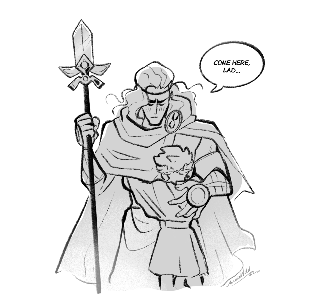 A black and white drawing of a tall hero in armor with a cape holding a sword, comforting a smaller child who is pregnant and wearing glasses, with the hero saying 'Come here, lad...' in a speech bubble.