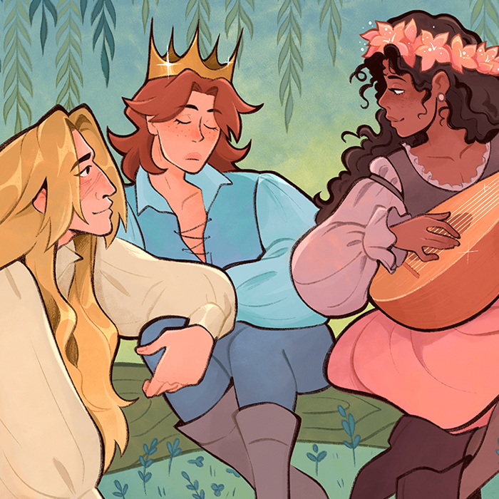 Three characters sitting outdoors under hanging greenery, one with a crown, one with a flower crown, and one playing guitar, all with relaxed and content expressions.