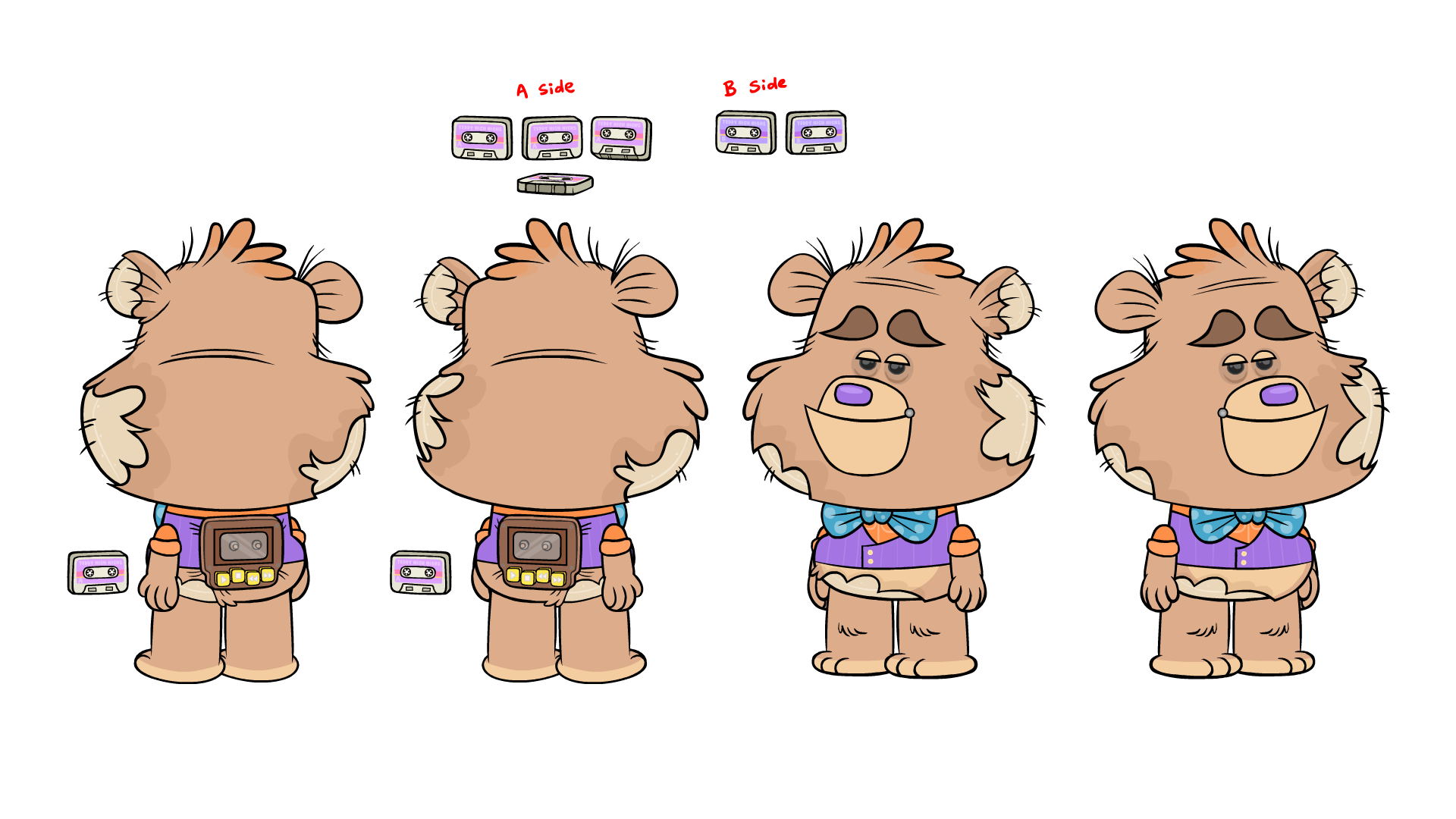 Four cartoon teddy bear characters viewed from different angles, dressed in colorful outfits, with cassette tapes above them labeled 'A side' and 'B side'