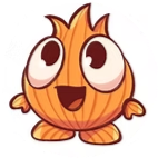 Cartoon of a cute, orange, plant-like creature with big eyes and a happy expression.
