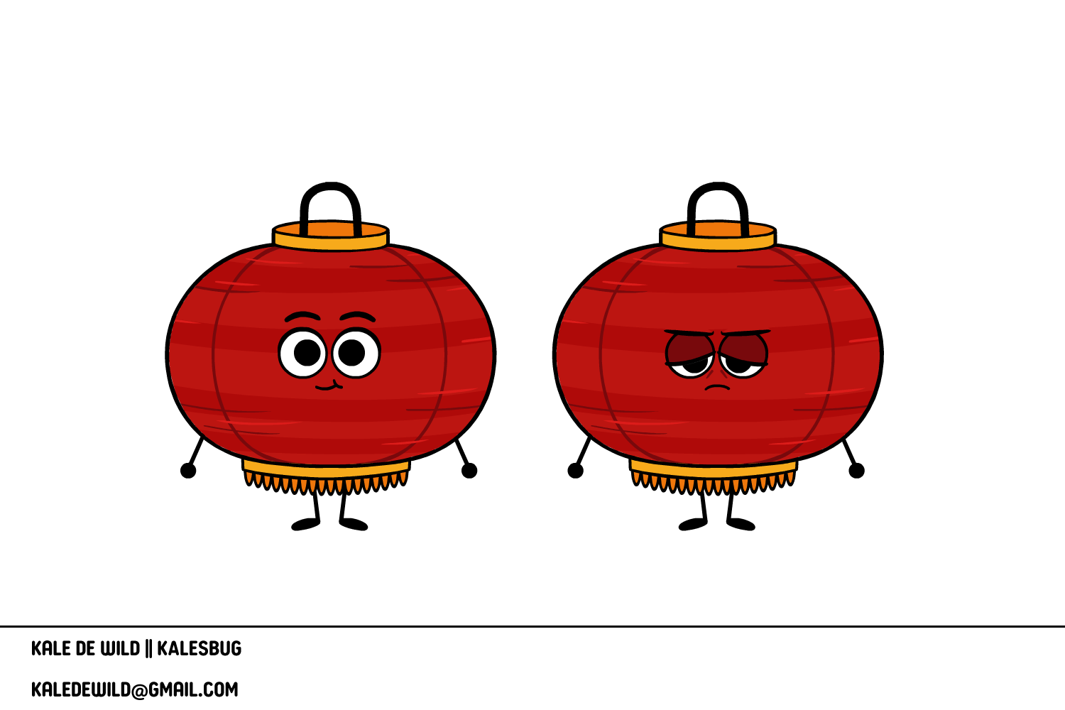Two cartoon red lanterns with facial expressions and arms, one looking cheerful and happy, the other appearing tired or annoyed.