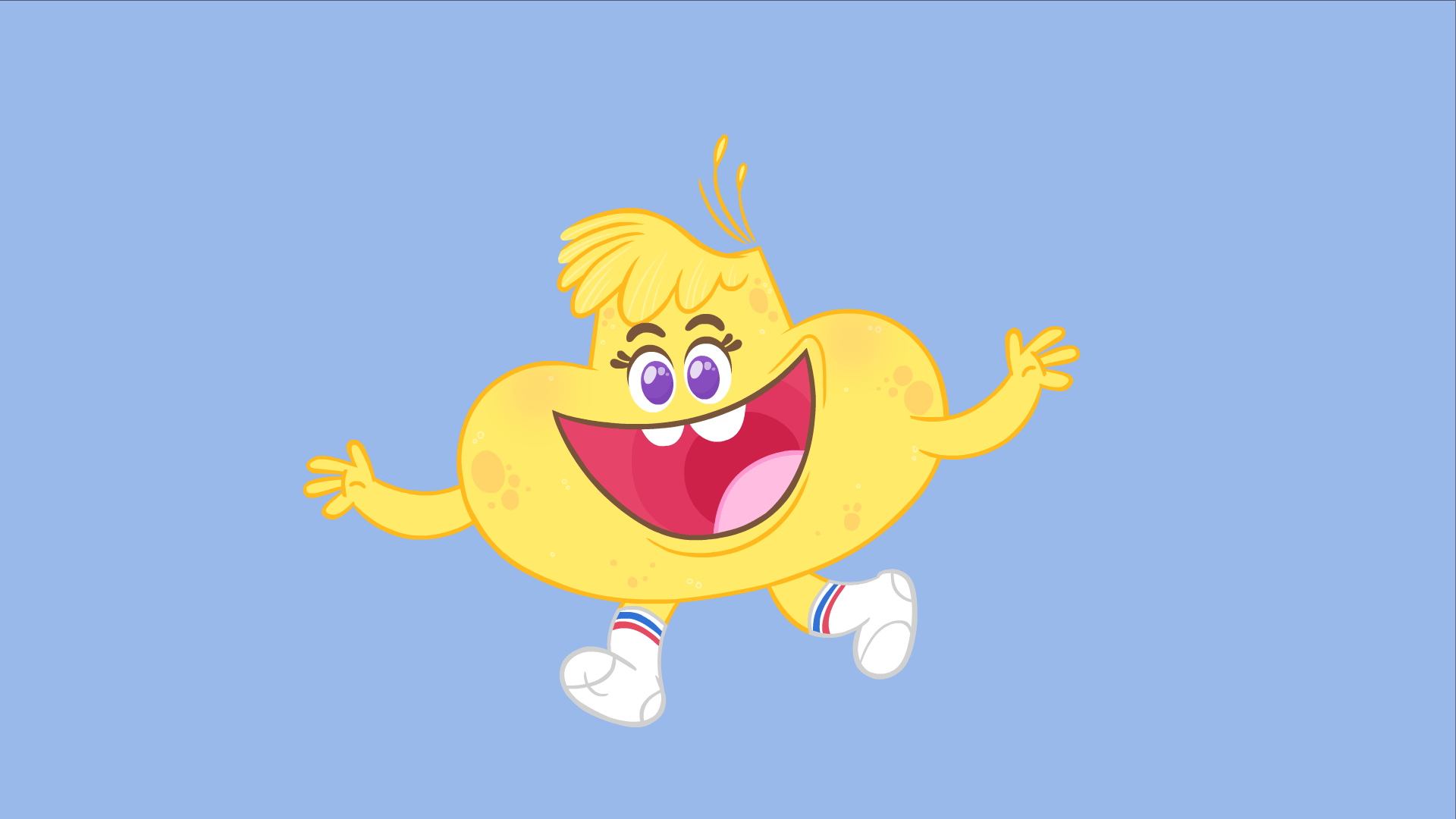Cartoon lemon character with a happy face, big eyes, and a wide open mouth, running with arms outstretched against a light blue background.