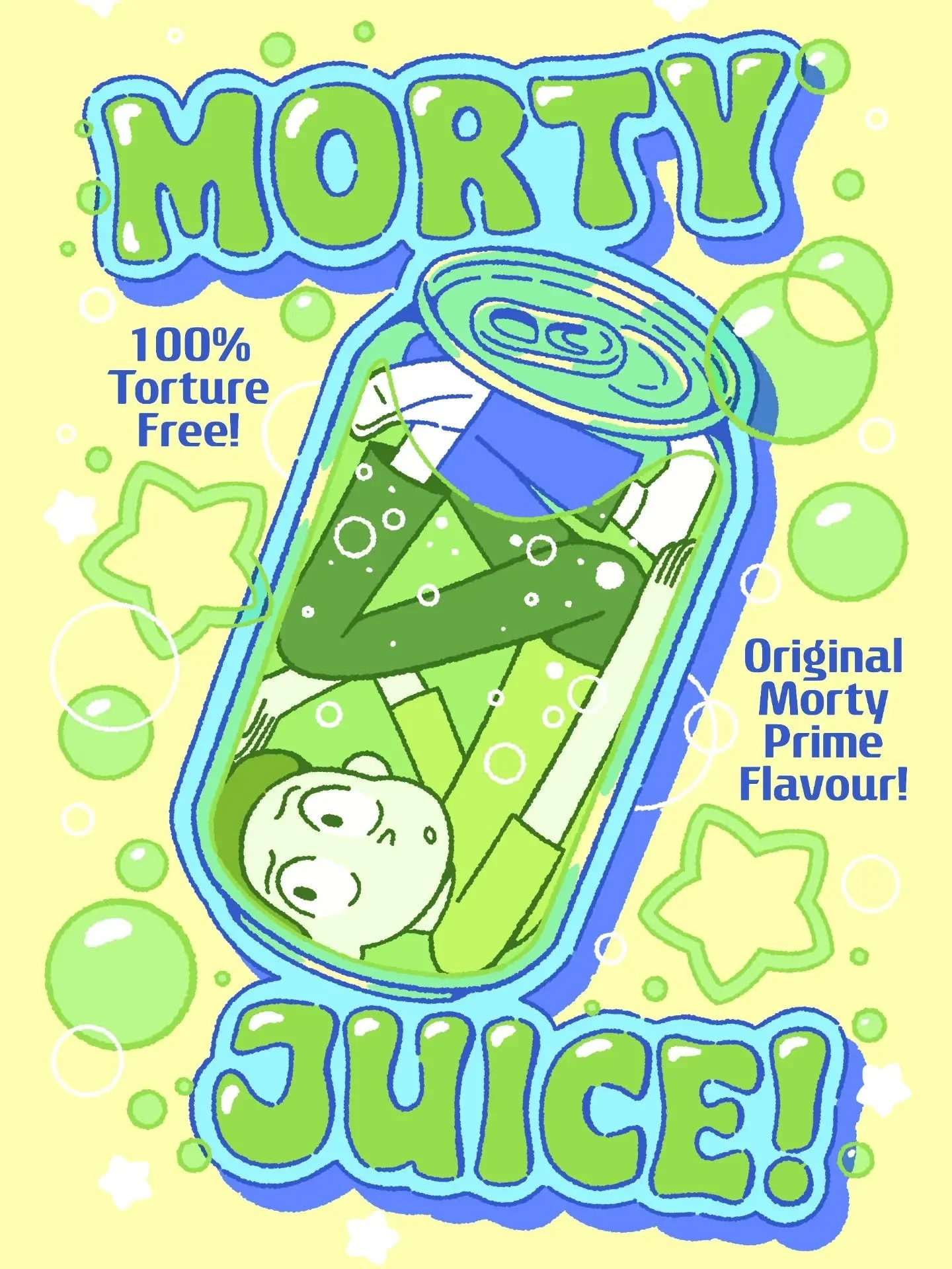 Have you tried our NEW AND IMPROVED flavour of Original Morty Prime MORTY JUICE!? 🧃🍋&zwj;🟩🍏🍈🥝 This flavour is 100% Torture Free! That's the Rickland Guarantee!!

Prints available at Armageddon Expo C31

#rickandmorty #artistalley #smallbusiness
