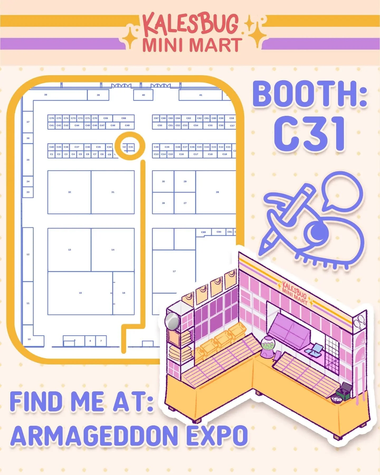 My highlights catalogue for @armageddonexponz this weekend! ✨💥

🔸Corner table C31!
Next door to @genue_revuelta!

🔸NEW Stickers! NEW prints! NEW Plushies! and NEW Collectible Trading Cards with @nz.artist.trading.cards 🃏 

🔸I am part of the Bug 