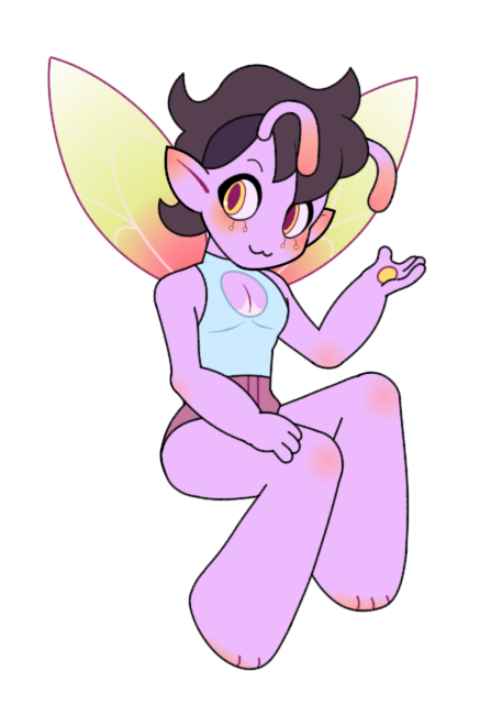 A colorful cartoon character with fairy-like features, light purple skin, black curly hair, horns, large yellow eyes with black pupils, and fairy wings with green and pink hues. The character is sitting casually with one leg up and a playful expression.
