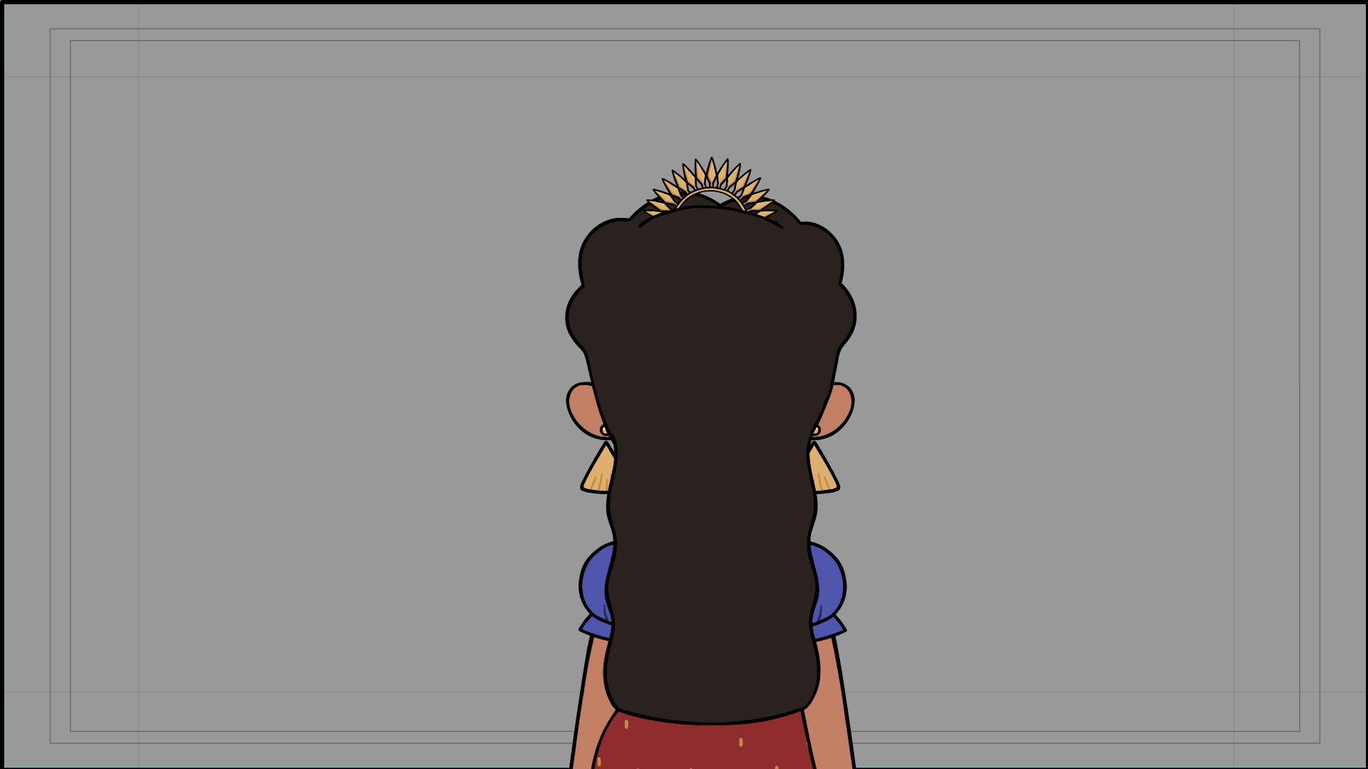 Back view of a woman with long dark hair, wearing earrings, a blue top, and red skirt, standing in front of a gray wall with a decorative sunburst mirror.