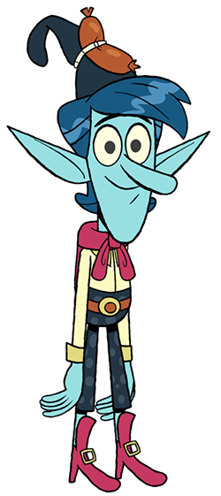 Cartoon elf character with blue skin, large ears, and spiky blue hair, wearing a tall brown hat with an orange feather, pink boots, and a pink scarf, with a mischievous expression.