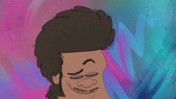 Animated character with long dark hair, smiling with eyes closed against a colorful abstract background.