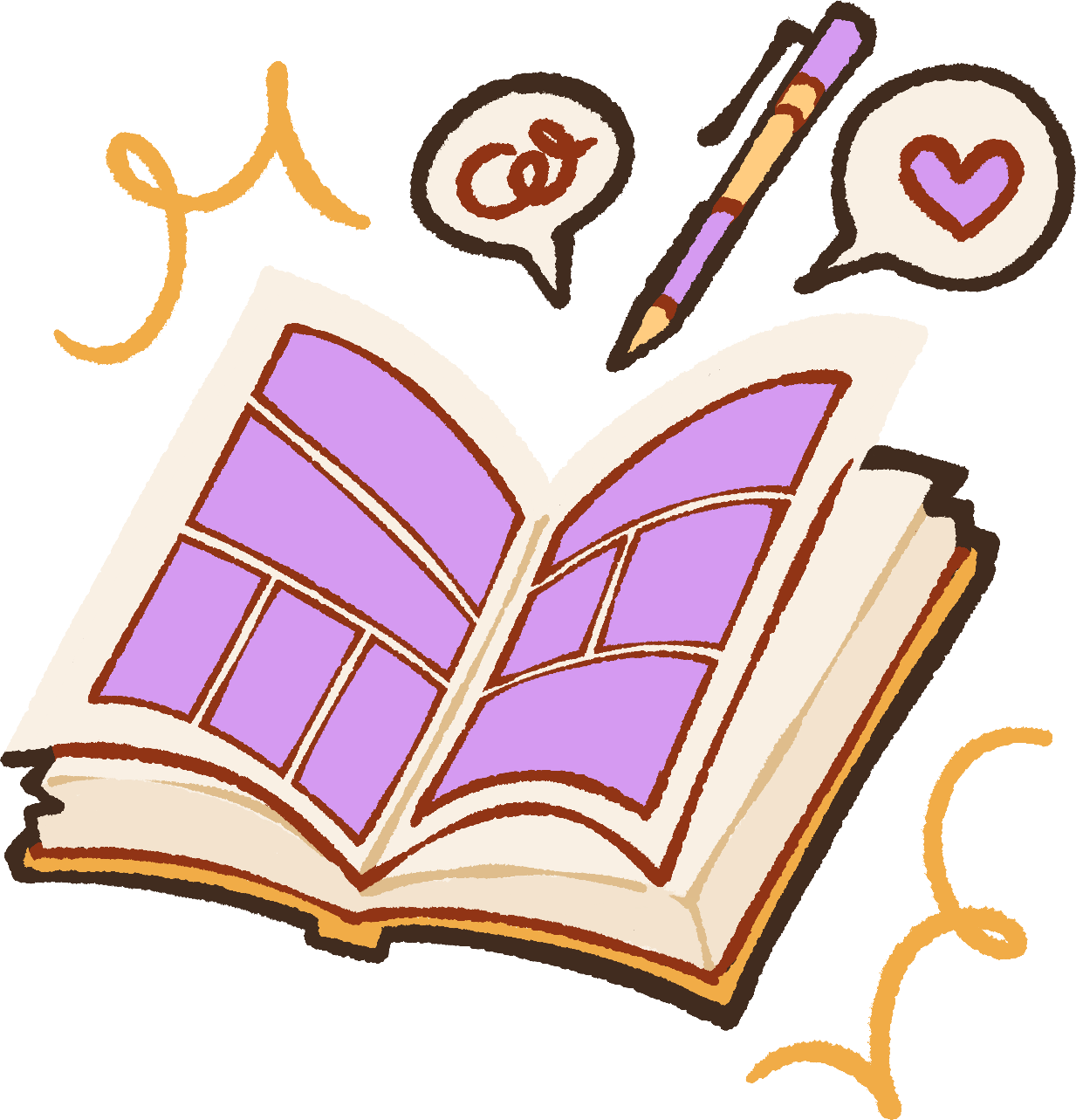 An open book with comic pages, surrounded by speech bubbles with symbols like a heart, a butterfly, and a swirl, and some decorative lines.