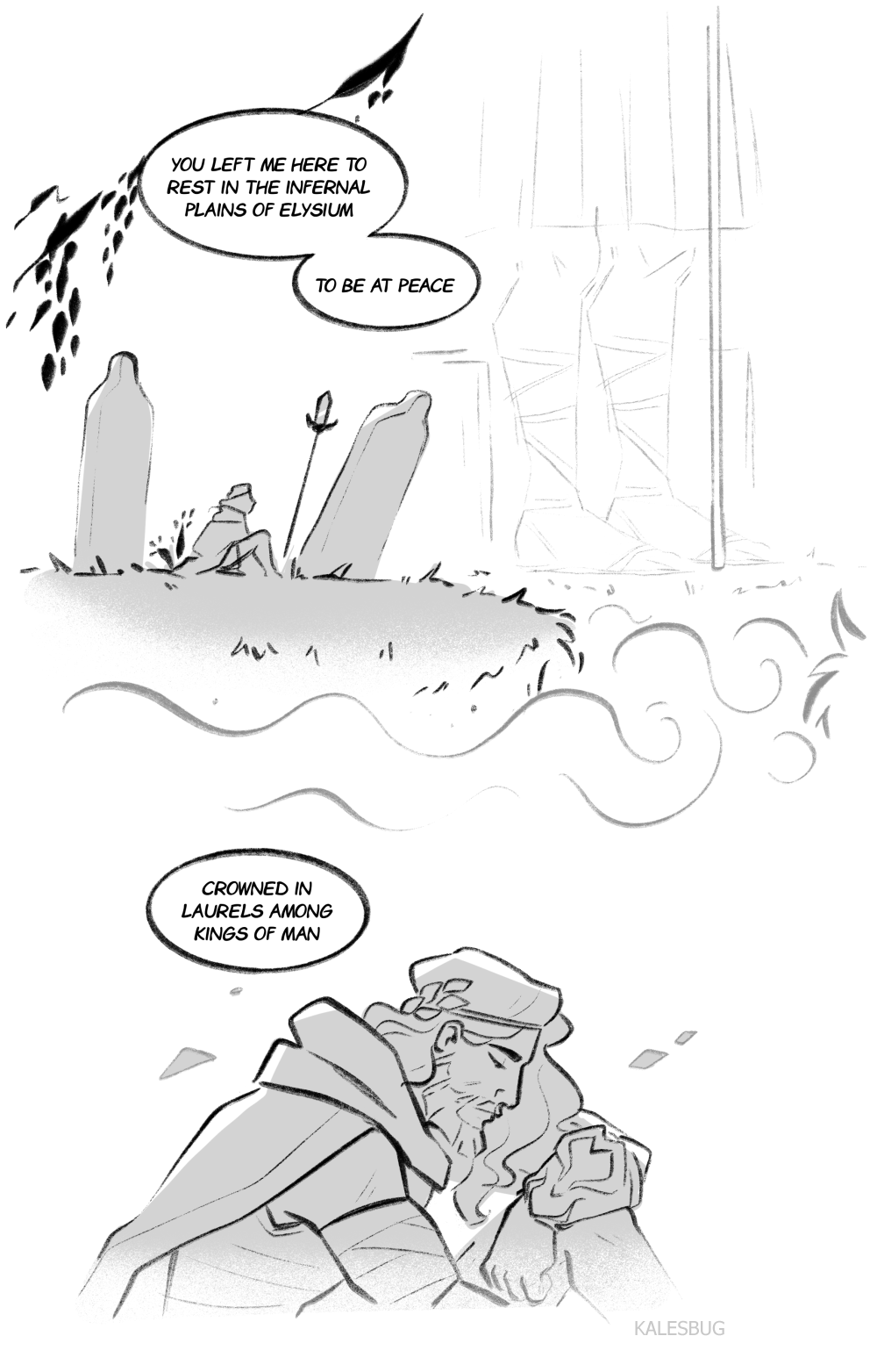 A black and white comic panel shows a figure sitting among rocks and flowers, with a speech bubble saying, "You left me here to rest in the infernal plains of Elysium to be at peace." In the background, faint lines depict a structure resembling a lar
