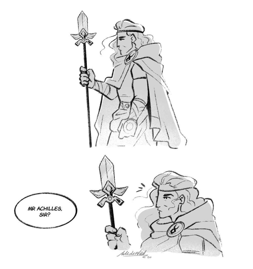 Comic strip of a warrior with long hair in armor and a cape, holding a spear. In the second panel, a person addresses him as 'Mr Achilles, sir', with the warrior slightly surprised.