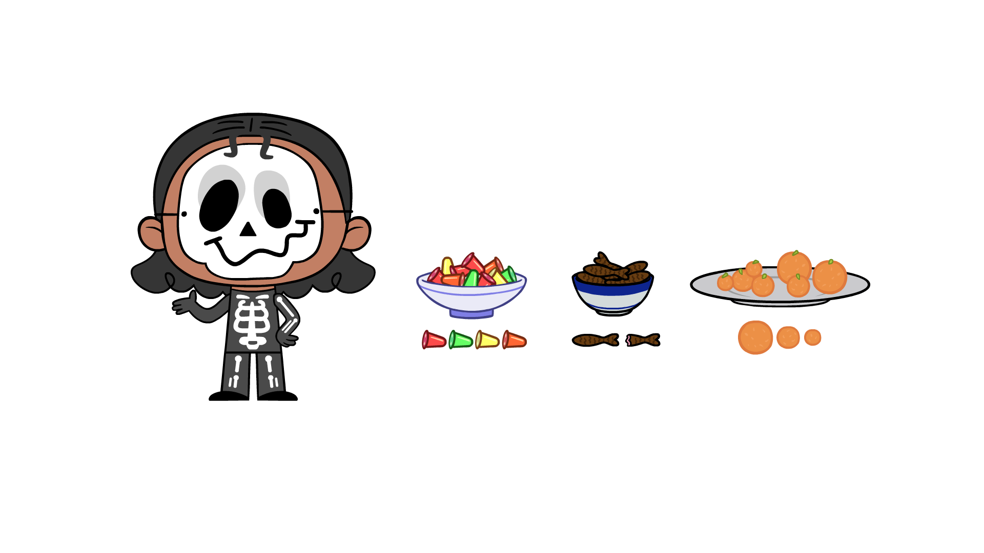 Cartoon character dressed in skeleton costume standing next to bowls of candy, dried fish, and oranges.